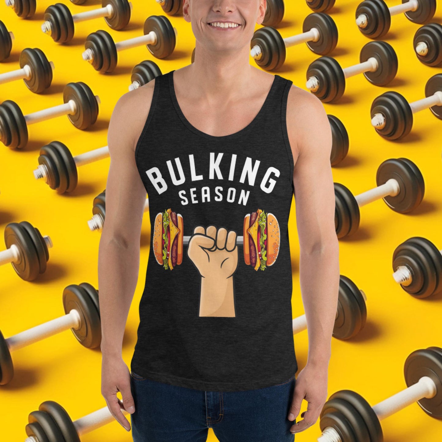 Bulking Season Funny Bulk Diet Gym Workout Fitness Tank Top Charcoal-Black Triblend Tank Tops Bodybuilding Bulking Burgers Fast Food Fitness Gym Workout Next Cult Brand