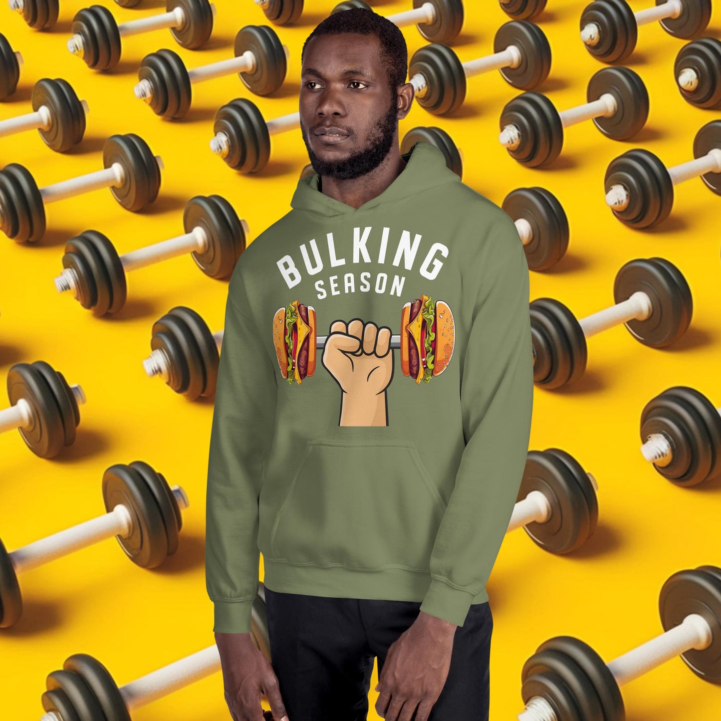 Bulking Season Funny Bulk Diet Gym Workout Fitness Unisex Hoodie Military Green Hoodies Bodybuilding Bulking Burgers Fast Food Fitness Gym Workout Next Cult Brand