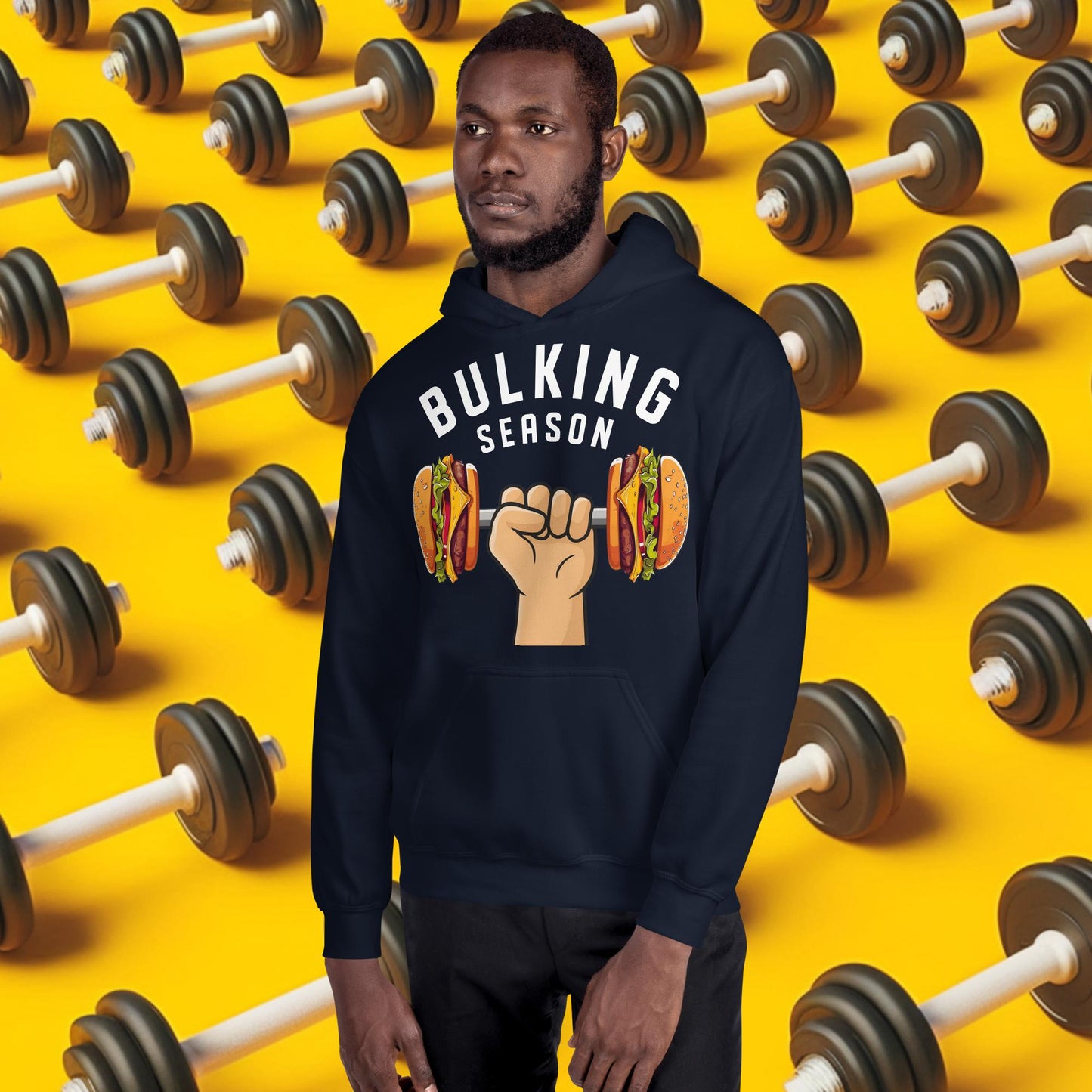Bulking Season Funny Bulk Diet Gym Workout Fitness Unisex Hoodie Navy Hoodies Bodybuilding Bulking Burgers Fast Food Fitness Gym Workout Next Cult Brand
