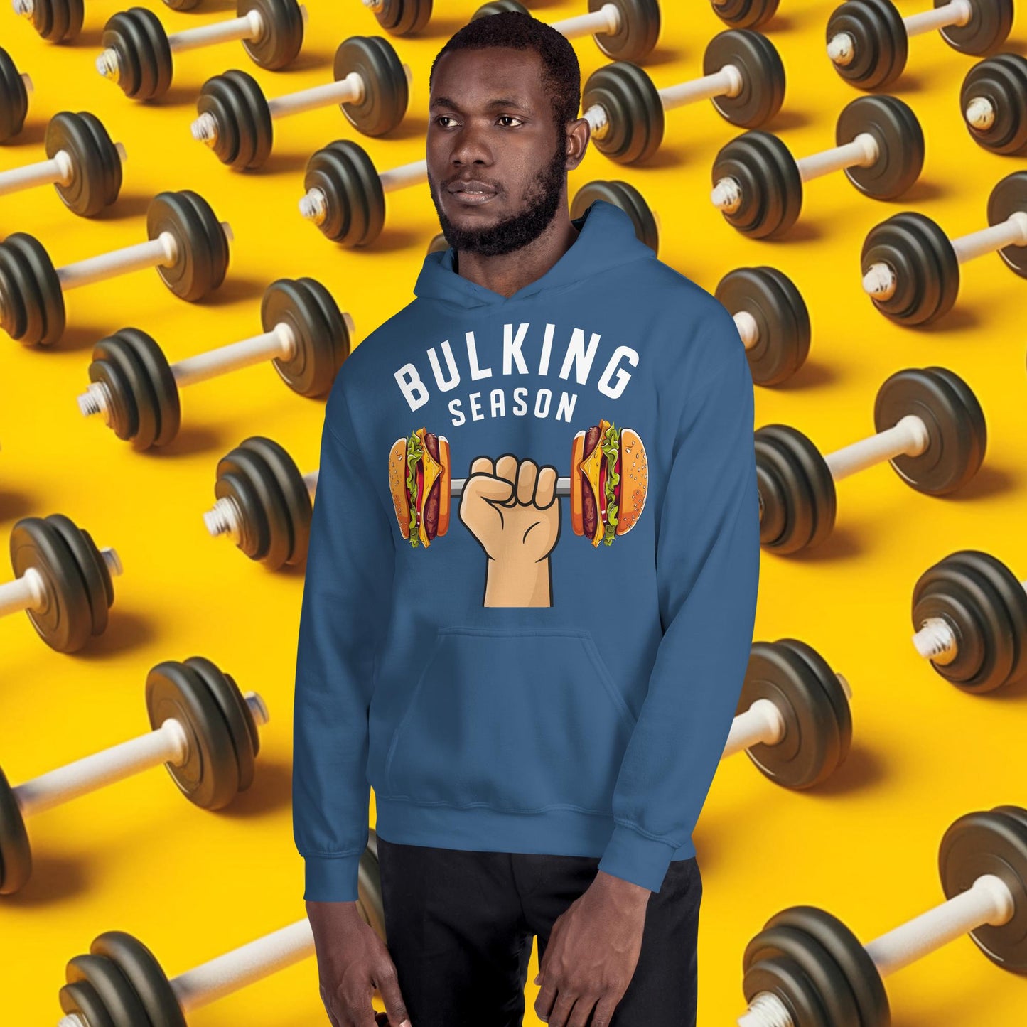 Bulking Season Funny Bulk Diet Gym Workout Fitness Unisex Hoodie Indigo Blue Hoodies Bodybuilding Bulking Burgers Fast Food Fitness Gym Workout Next Cult Brand