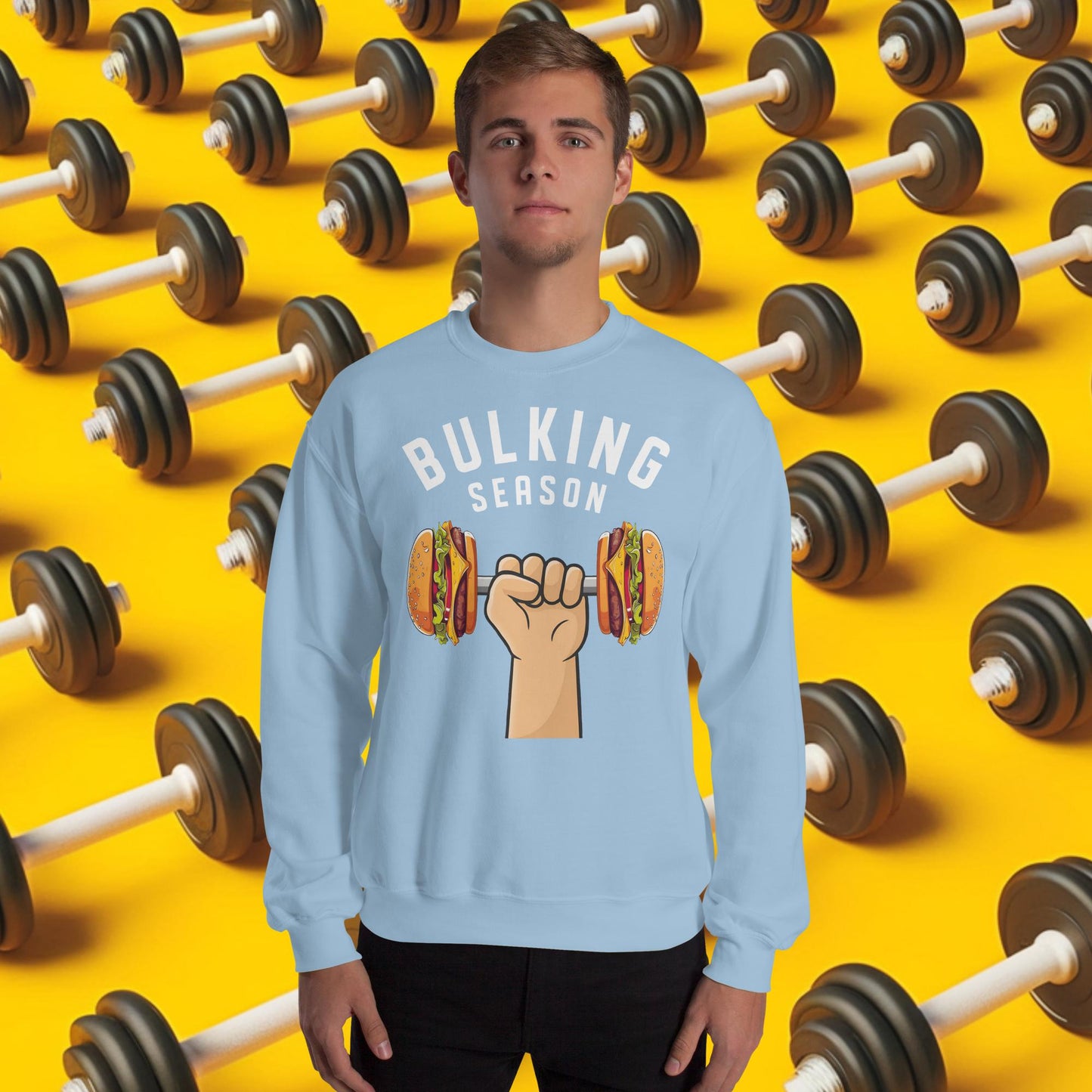 Bulking Season Funny Bulk Diet Gym Workout Fitness Unisex Sweatshirt Light Blue Sweatshirts Bodybuilding Bulking Burgers Fast Food Fitness Gym Workout Next Cult Brand