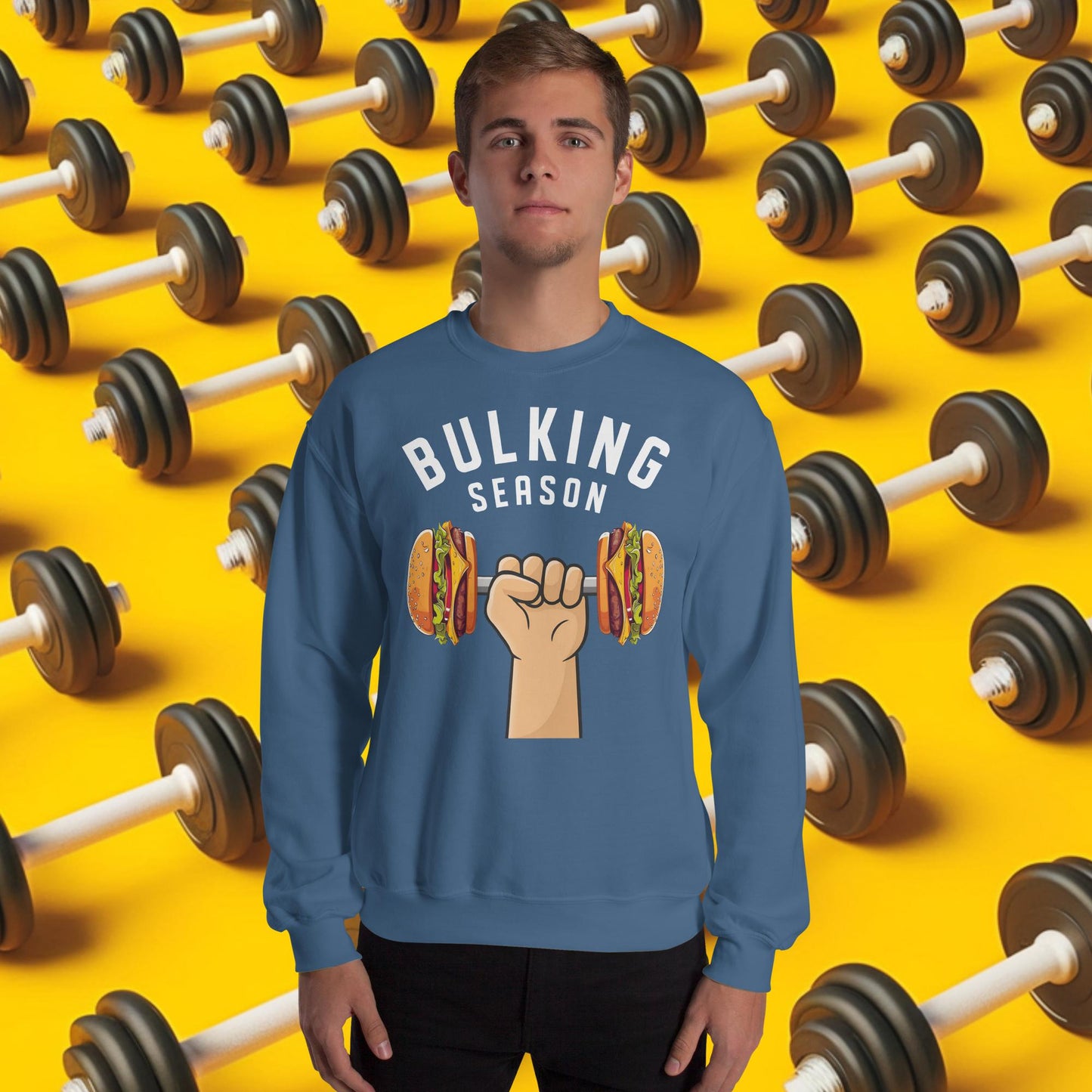 Bulking Season Funny Bulk Diet Gym Workout Fitness Unisex Sweatshirt Indigo Blue Sweatshirts Bodybuilding Bulking Burgers Fast Food Fitness Gym Workout Next Cult Brand