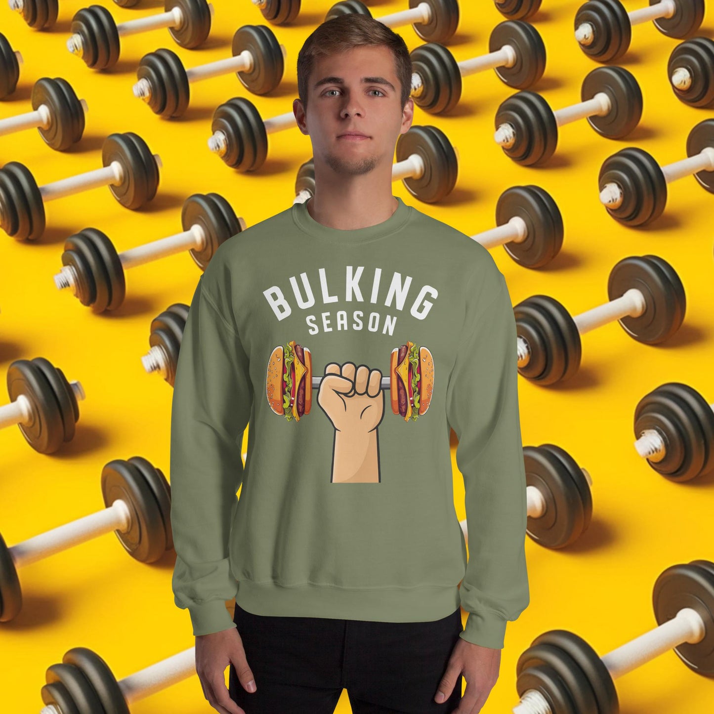 Bulking Season Funny Bulk Diet Gym Workout Fitness Unisex Sweatshirt Military Green Sweatshirts Bodybuilding Bulking Burgers Fast Food Fitness Gym Workout Next Cult Brand
