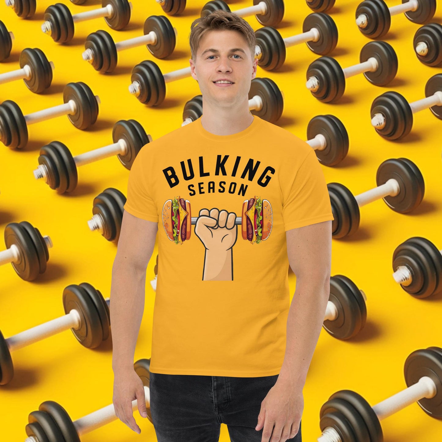 Bulking Season Funny Bulk Diet Gym Workout Fitness tee Gold T-shirts Bodybuilding Bulking Burgers Fast Food Fitness Gym Pump Cover Workout Next Cult Brand