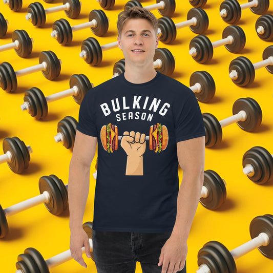 Bulking Season Funny Bulk Diet Gym Workout Fitness tee Navy T-shirts Bodybuilding Bulking Burgers Fast Food Fitness Gym Pump Cover Workout Next Cult Brand