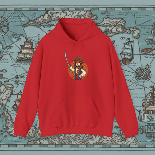 Captain Boy Jack Sparrow Pirates of the Caribbean Vault Boy Fallout Funny Meme Cartoon Mashup Unisex Heavy Blend Hooded Sweatshirt Red Sweatshirts Fallout Johnny Depp Movies Pirates of the Caribbean Vault Boy Printify