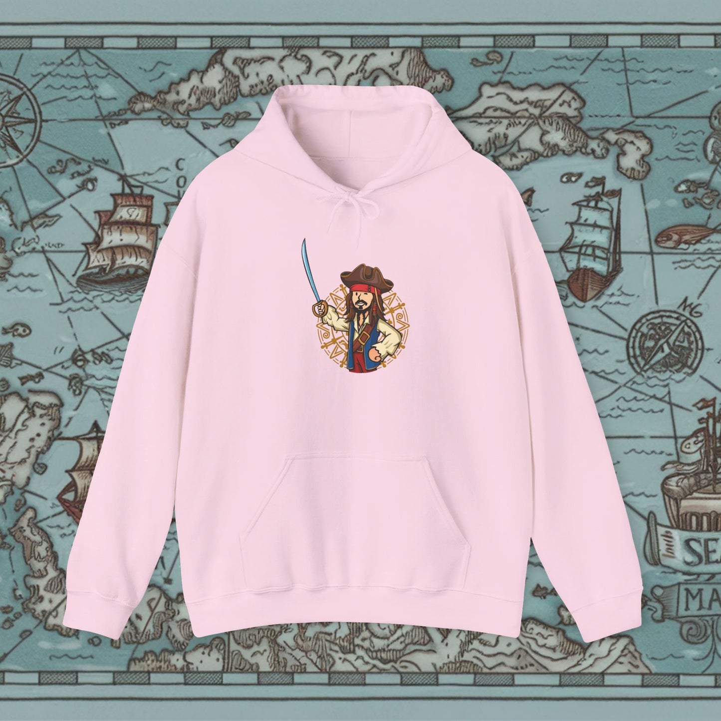 Captain Boy Jack Sparrow Pirates of the Caribbean Vault Boy Fallout Funny Meme Cartoon Mashup Unisex Heavy Blend Hooded Sweatshirt Light Pink Sweatshirts Fallout Johnny Depp Movies Pirates of the Caribbean Vault Boy Printify