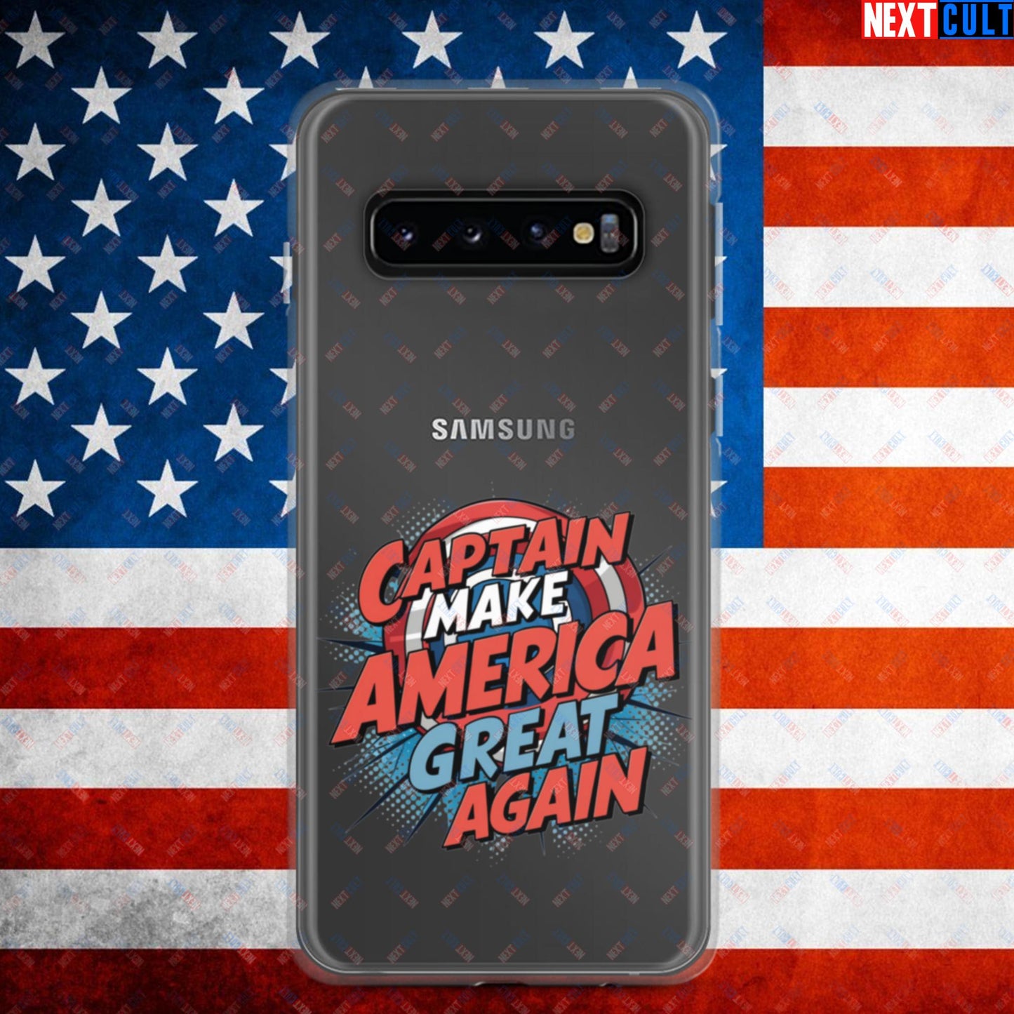 Captain Make America Great Again Donald Trump Funny MAGA Clear Case for Samsung Samsung Galaxy S10 Mobile Phone Cases Conspiracy Theories Donald Trump Politics Republicans Next Cult Brand