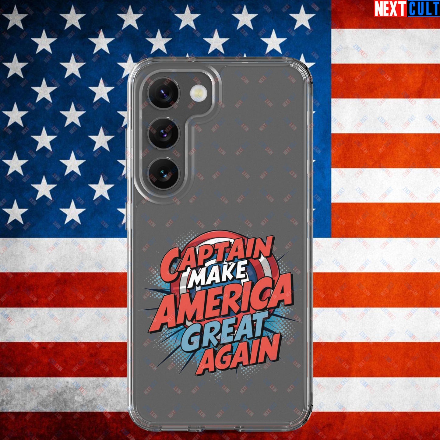 Captain Make America Great Again Donald Trump Funny MAGA Clear Case for Samsung Samsung Galaxy S23 Mobile Phone Cases Conspiracy Theories Donald Trump Politics Republicans Next Cult Brand