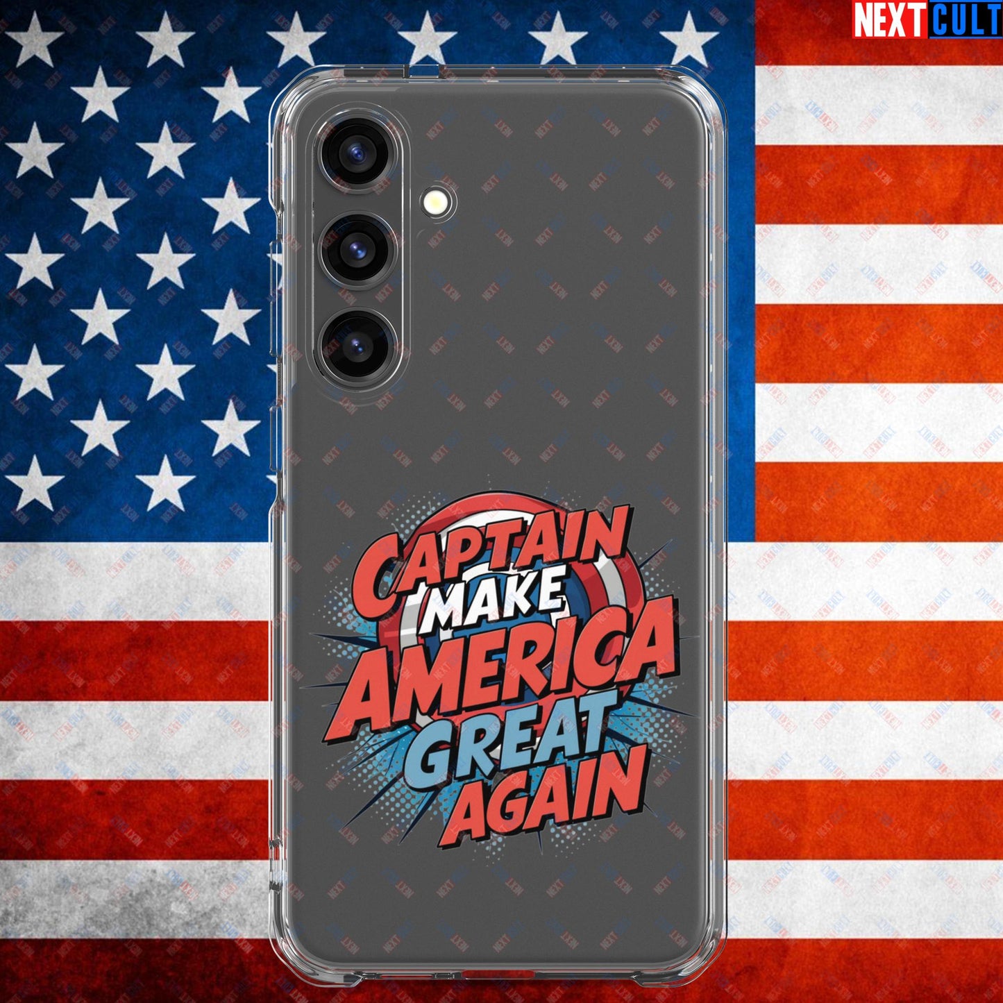 Captain Make America Great Again Donald Trump Funny MAGA Clear Case for Samsung Samsung Galaxy S24 Plus Mobile Phone Cases Conspiracy Theories Donald Trump Politics Republicans Next Cult Brand