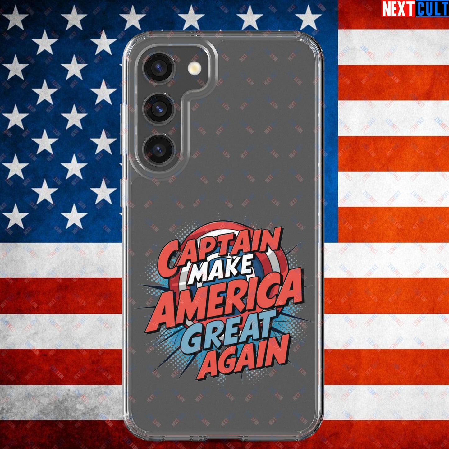 Captain Make America Great Again Donald Trump Funny MAGA Clear Case for Samsung Samsung Galaxy S23 Plus Mobile Phone Cases Conspiracy Theories Donald Trump Politics Republicans Next Cult Brand