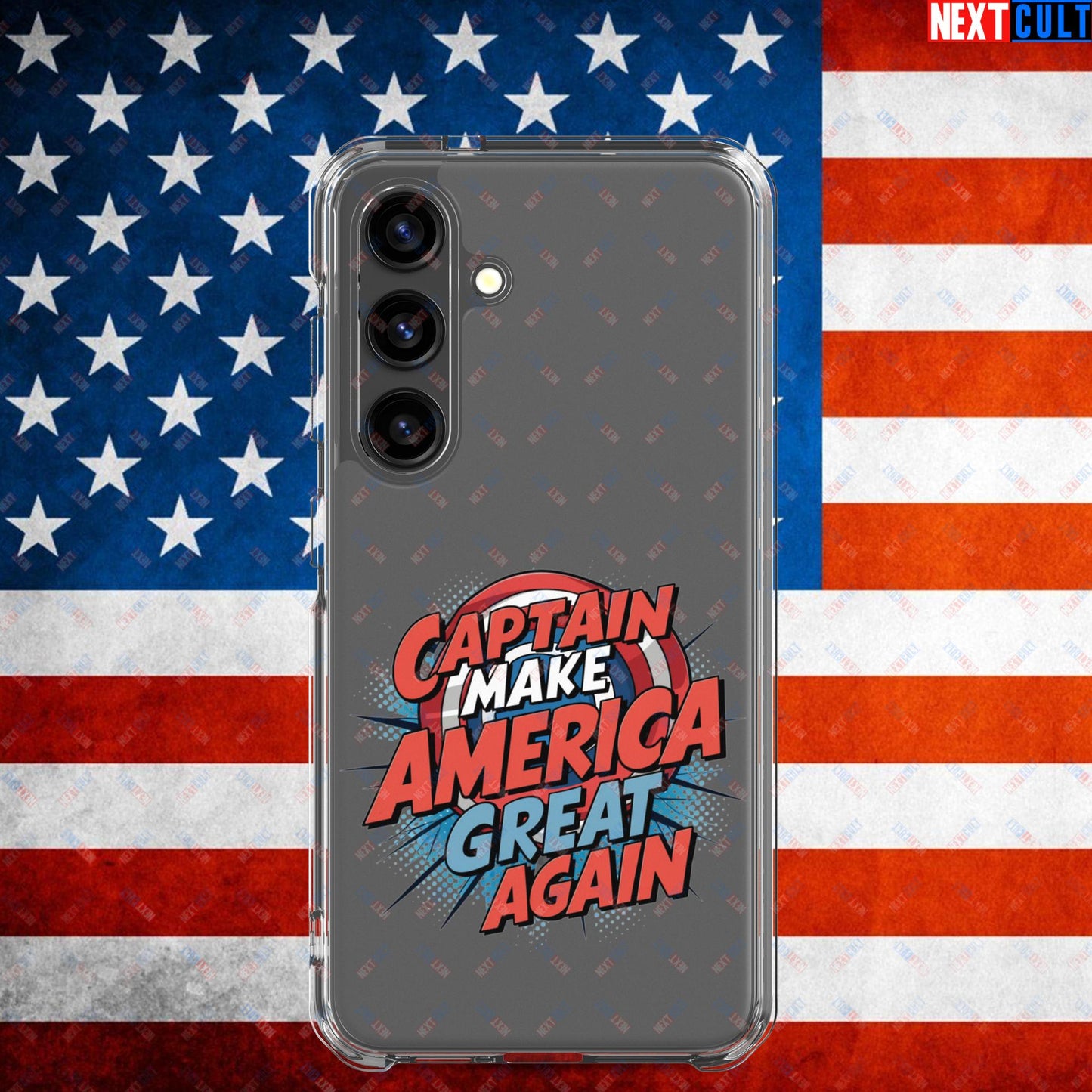 Captain Make America Great Again Donald Trump Funny MAGA Clear Case for Samsung Samsung Galaxy S24 Mobile Phone Cases Conspiracy Theories Donald Trump Politics Republicans Next Cult Brand