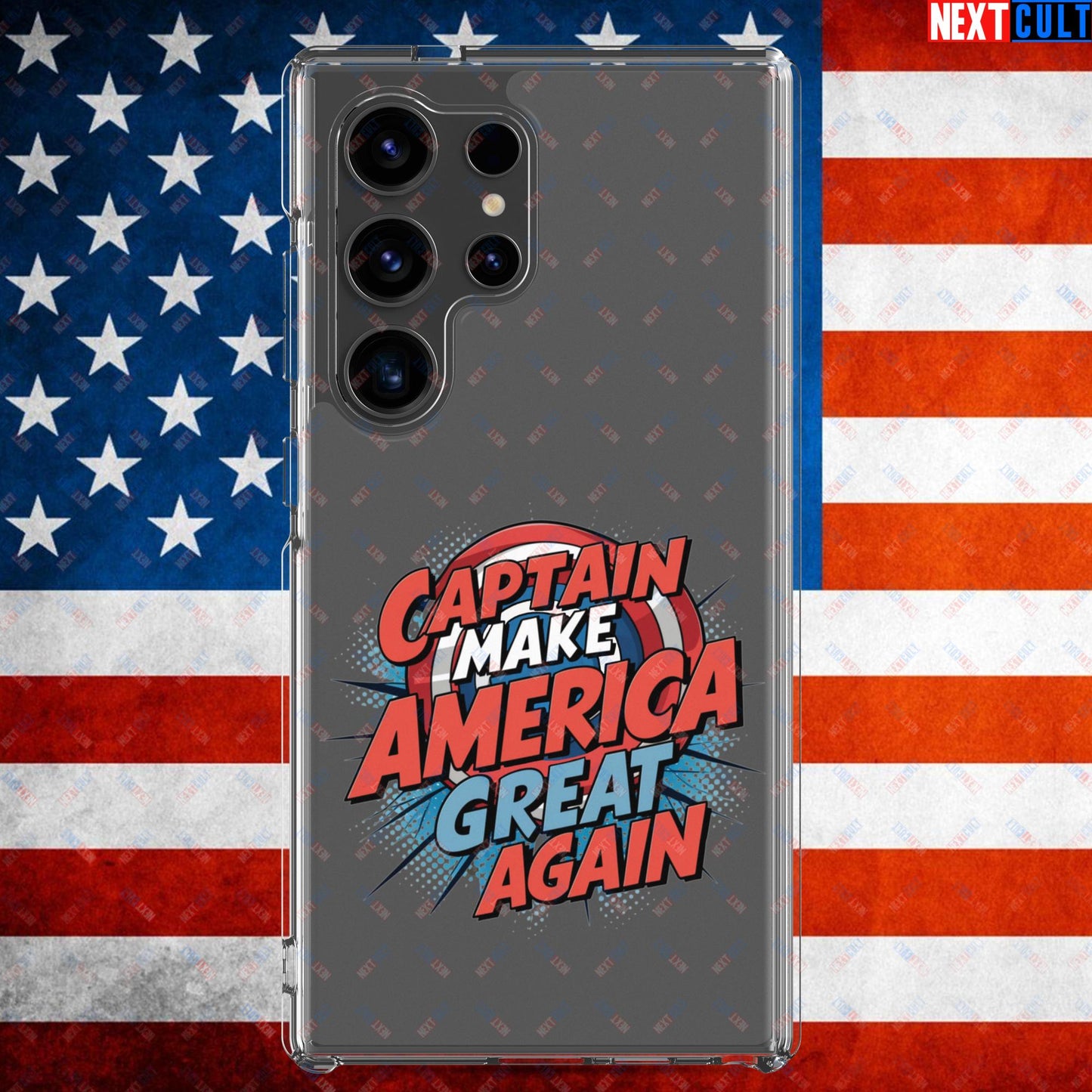 Captain Make America Great Again Donald Trump Funny MAGA Clear Case for Samsung Samsung Galaxy S24 Ultra Mobile Phone Cases Conspiracy Theories Donald Trump Politics Republicans Next Cult Brand