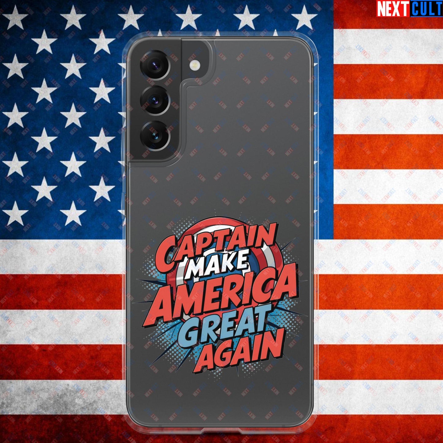 Captain Make America Great Again Donald Trump Funny MAGA Clear Case for Samsung Samsung Galaxy S22 Plus Mobile Phone Cases Conspiracy Theories Donald Trump Politics Republicans Next Cult Brand