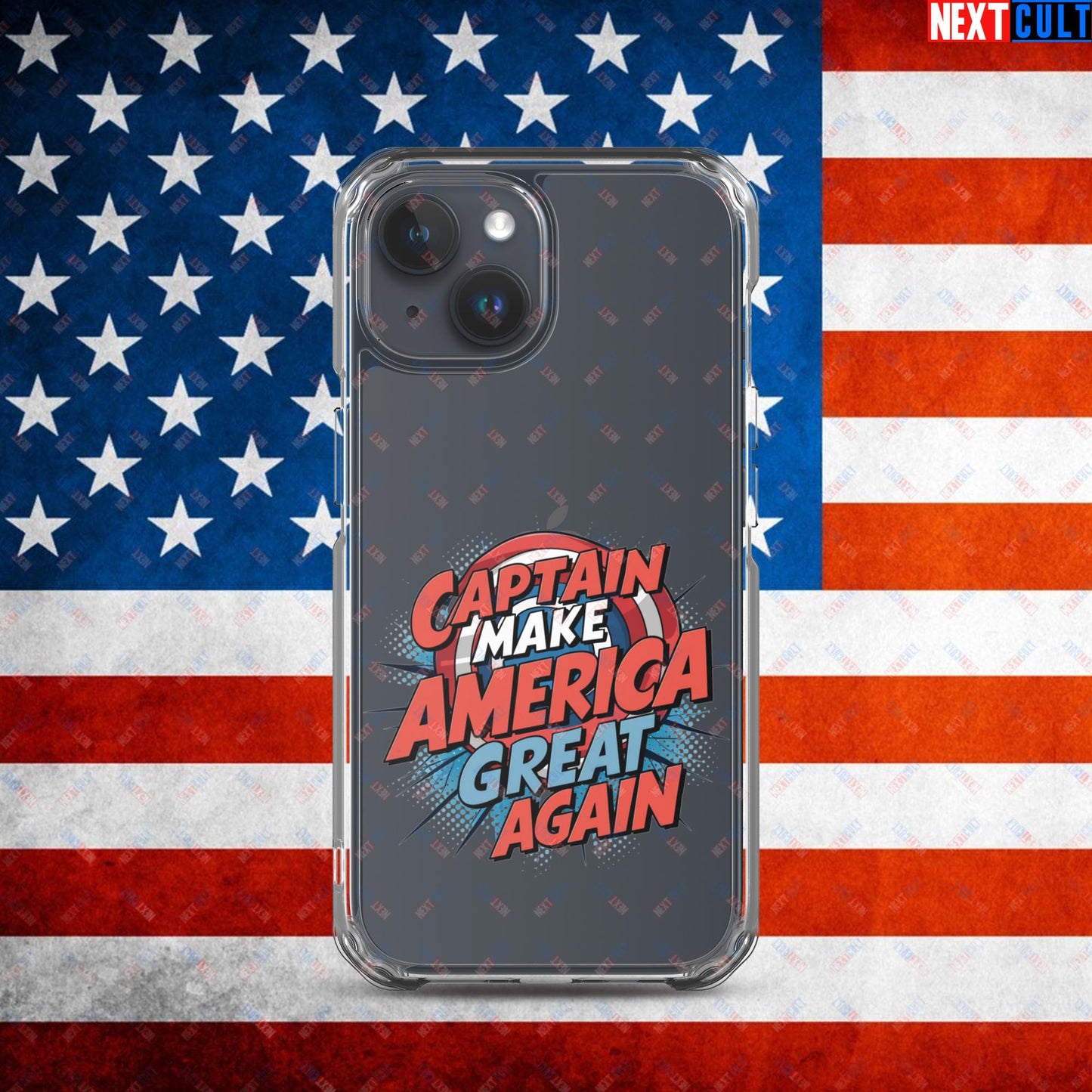 Captain Make America Great Again Donald Trump Funny MAGA Clear Case for iPhone iPhone 15 Mobile Phone Cases Conspiracy Theories Donald Trump Politics Republicans Next Cult Brand