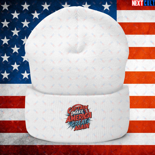 Captain Make America Great Again Donald Trump Funny MAGA Cuffed Beanie White Hats Conspiracy Theories Donald Trump Politics Republicans Next Cult Brand