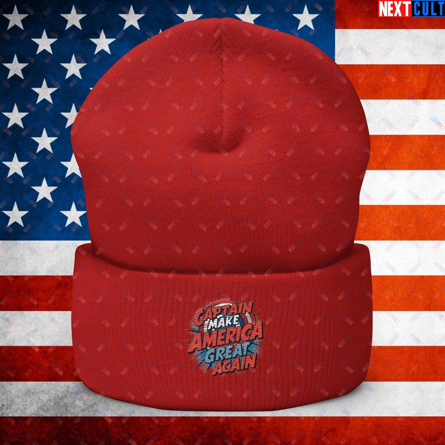 Captain Make America Great Again Donald Trump Funny MAGA Cuffed Beanie Red Hats Conspiracy Theories Donald Trump Politics Republicans Next Cult Brand