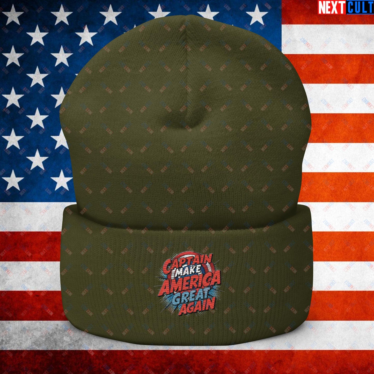 Captain Make America Great Again Donald Trump Funny MAGA Cuffed Beanie Olive Hats Conspiracy Theories Donald Trump Politics Republicans Next Cult Brand