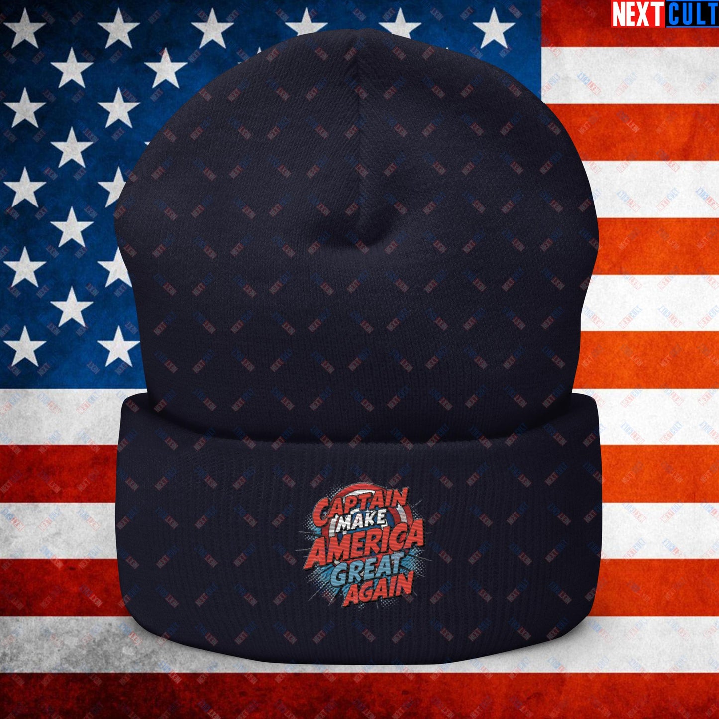 Captain Make America Great Again Donald Trump Funny MAGA Cuffed Beanie Navy Hats Conspiracy Theories Donald Trump Politics Republicans Next Cult Brand
