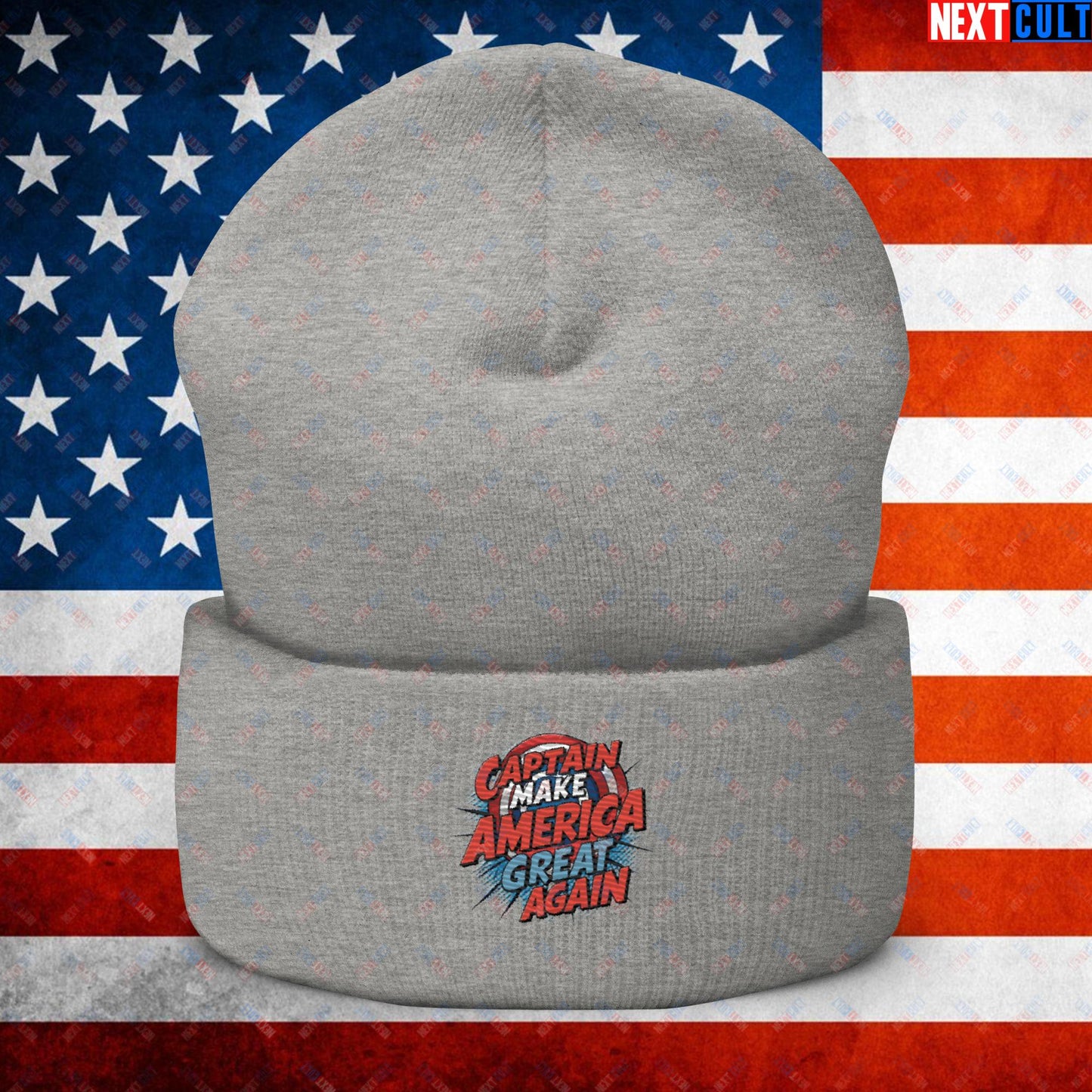 Captain Make America Great Again Donald Trump Funny MAGA Cuffed Beanie Heather Grey Hats Conspiracy Theories Donald Trump Politics Republicans Next Cult Brand