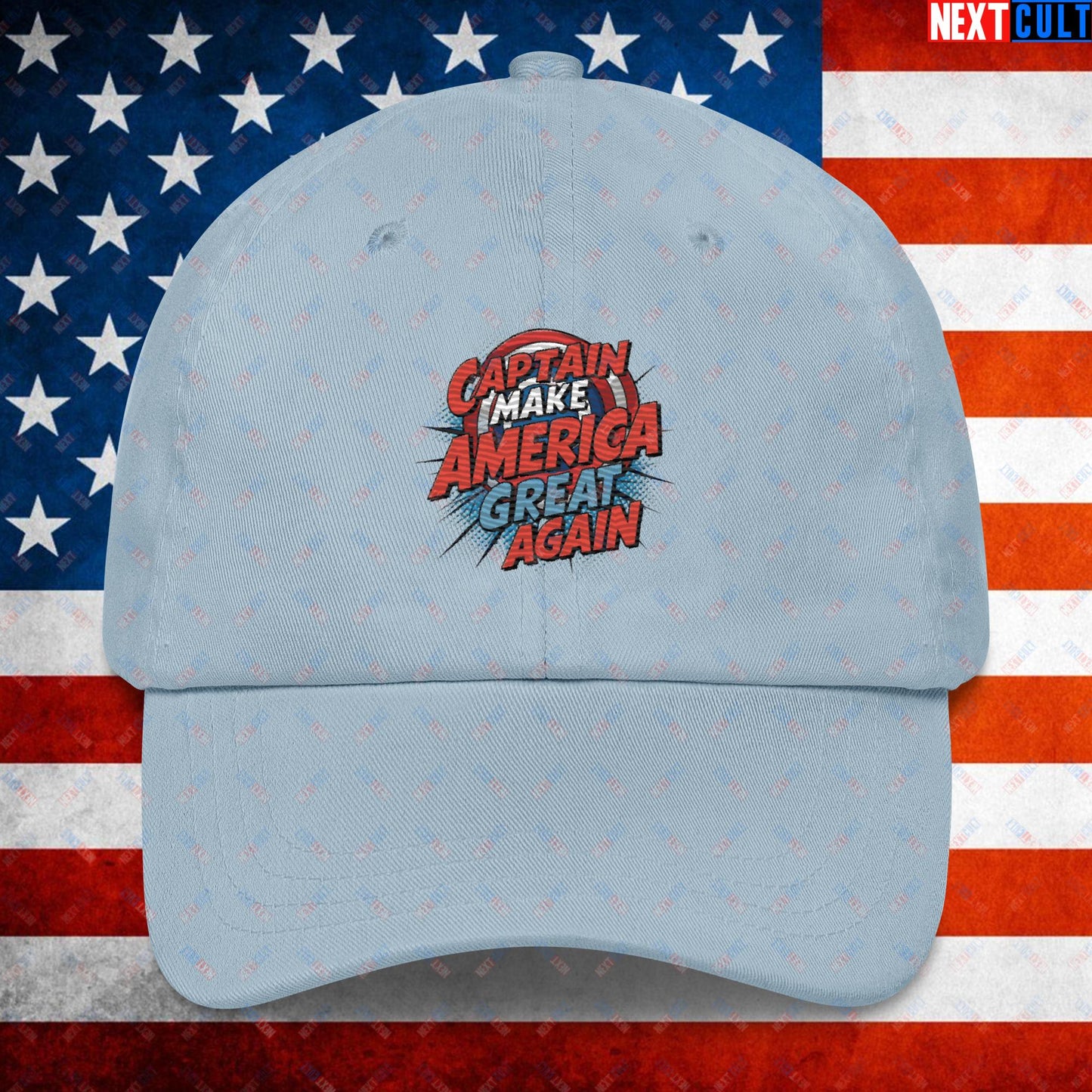 Captain Make America Great Again Donald Trump Funny MAGA Dad hat Light Blue Hats Conspiracy Theories Donald Trump Politics Republicans Next Cult Brand