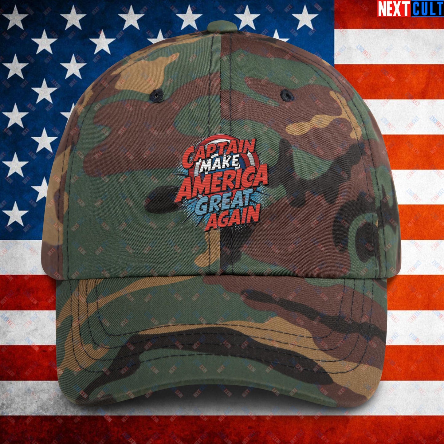 Captain Make America Great Again Donald Trump Funny MAGA Dad hat Green Camo Hats Conspiracy Theories Donald Trump Politics Republicans Next Cult Brand