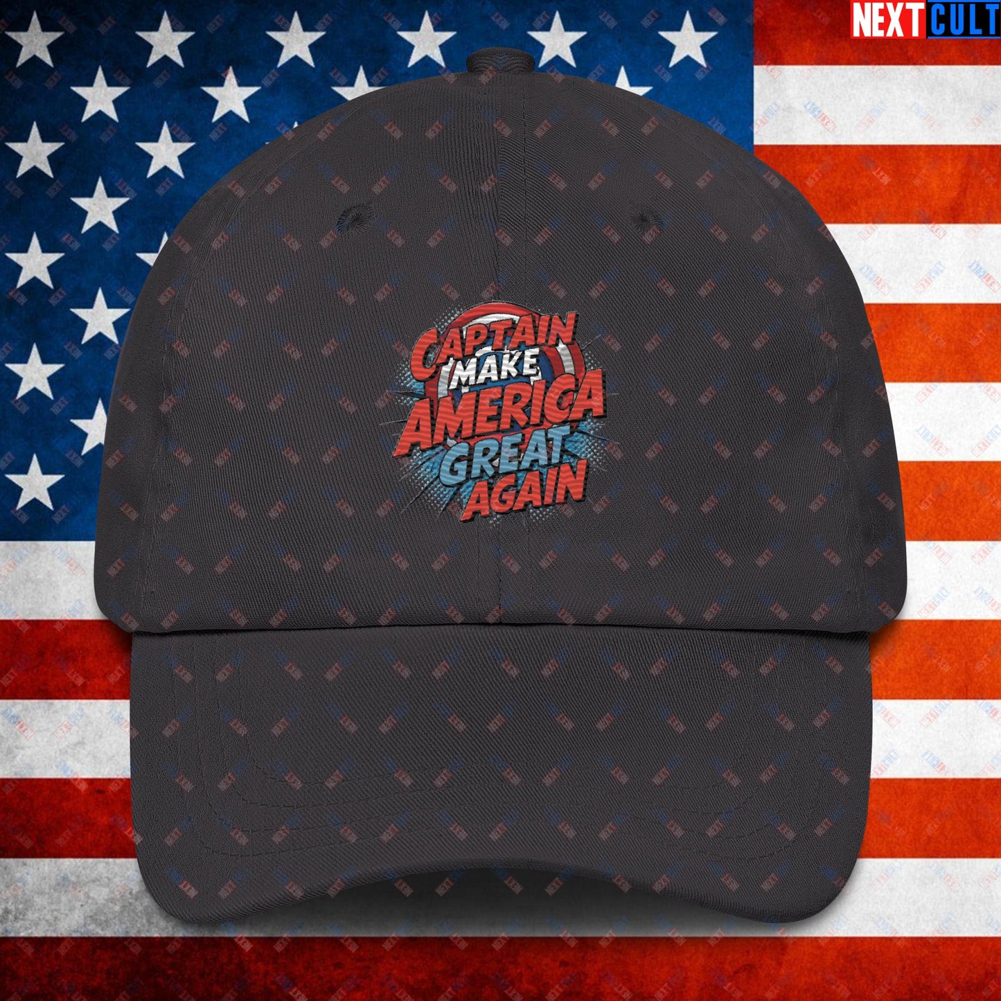 Captain Make America Great Again Donald Trump Funny MAGA Dad hat Dark Grey Hats Conspiracy Theories Donald Trump Politics Republicans Next Cult Brand