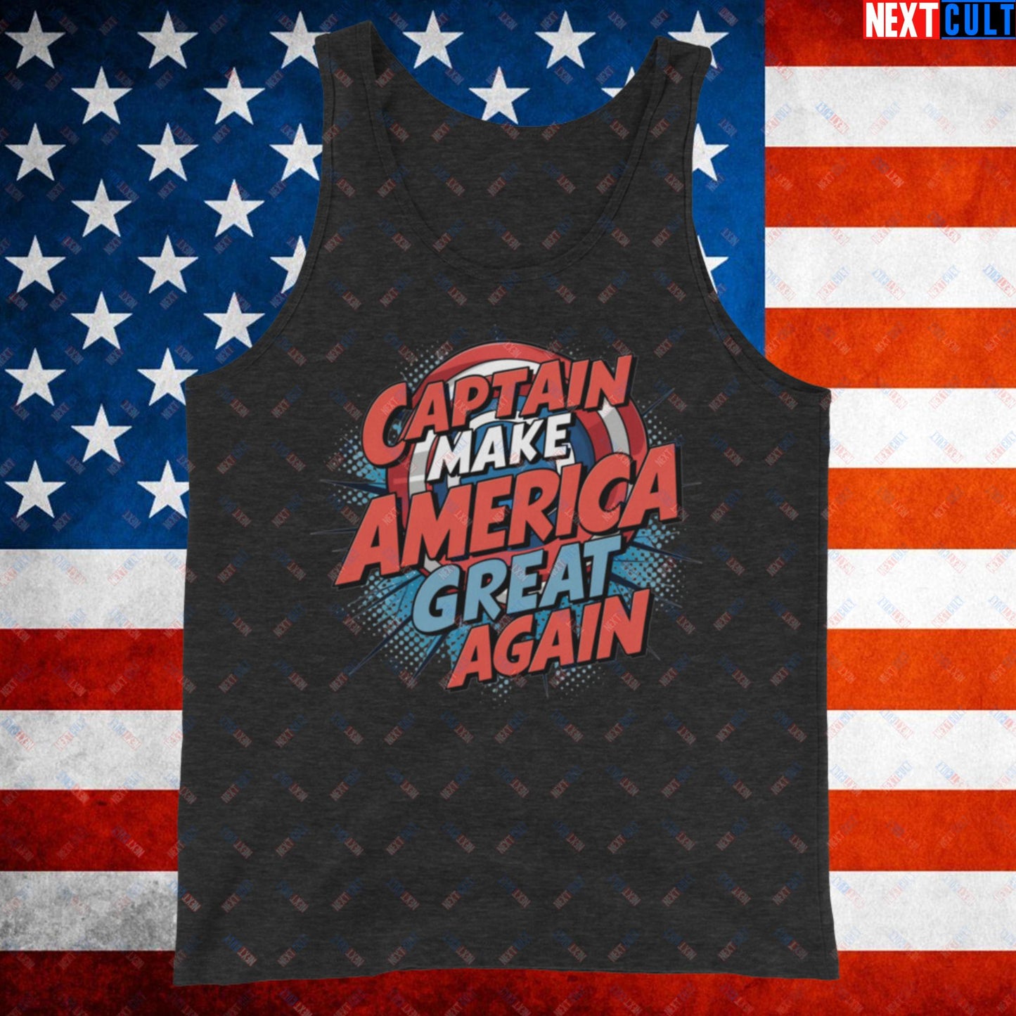 Captain Make America Great Again Donald Trump Funny MAGA Tank Top Charcoal-Black Triblend Tank Tops Conspiracy Theories Donald Trump Politics Republicans Next Cult Brand