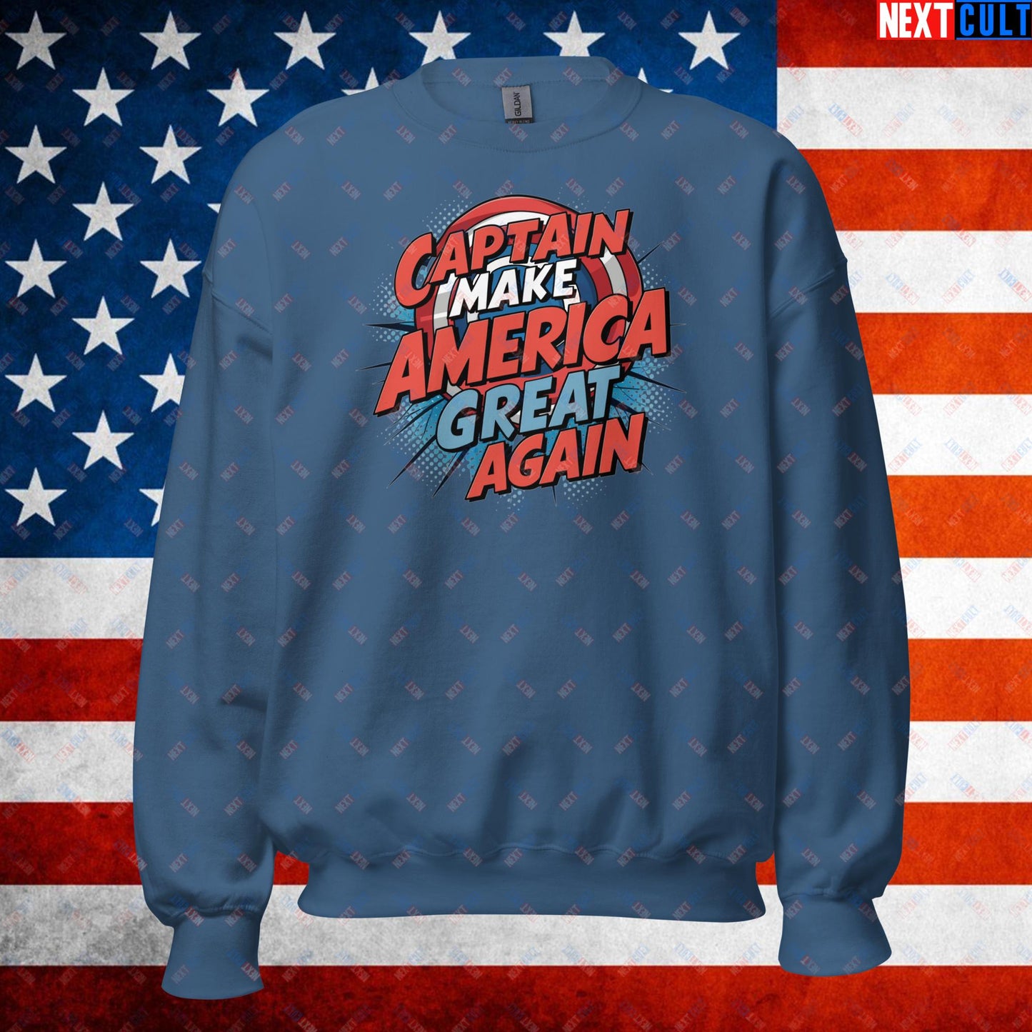 Captain Make America Great Again Donald Trump Funny MAGA Unisex Sweatshirt Indigo Blue Sweatshirts Conspiracy Theories Donald Trump Politics Republicans Next Cult Brand