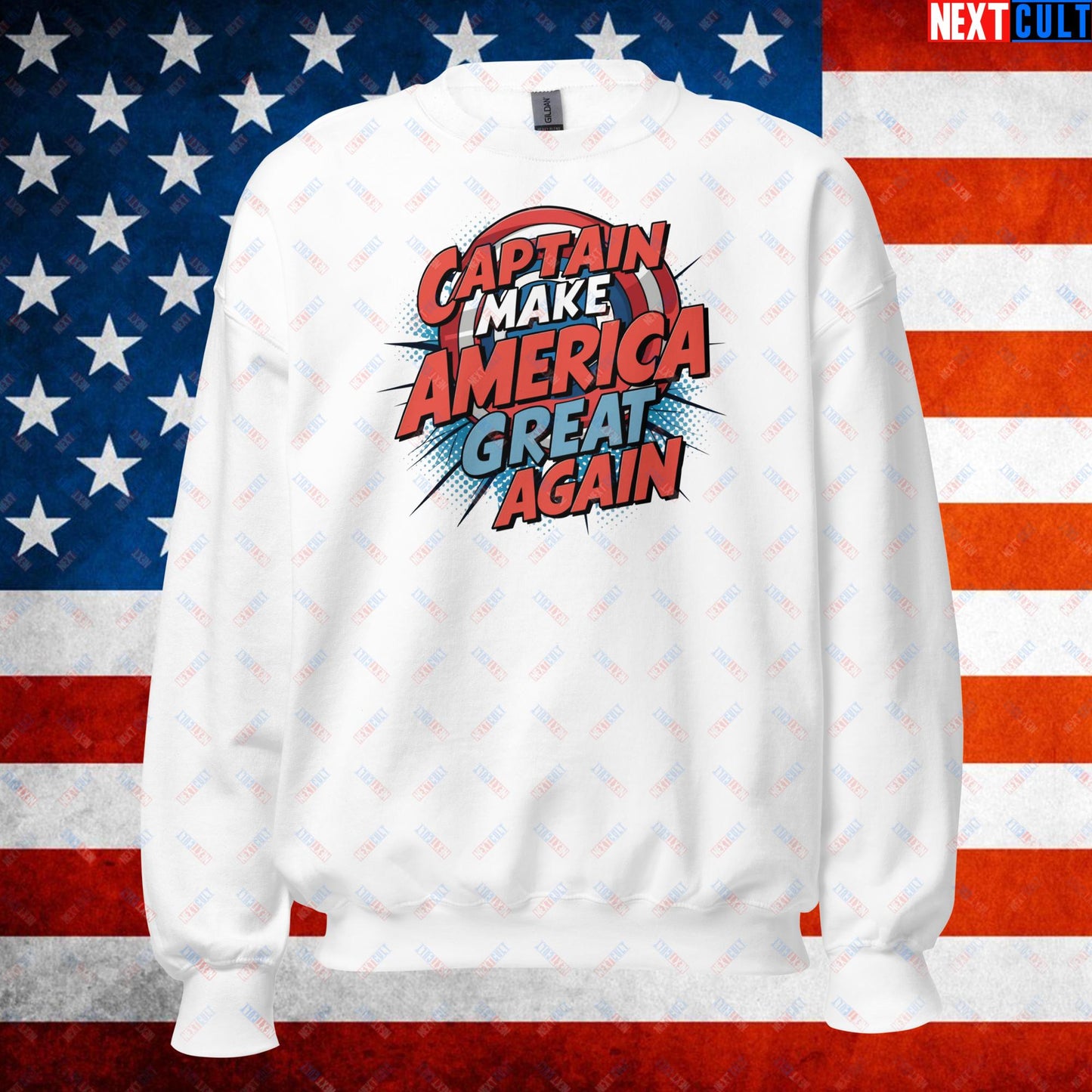 Captain Make America Great Again Donald Trump Funny MAGA Unisex Sweatshirt White Sweatshirts Conspiracy Theories Donald Trump Politics Republicans Next Cult Brand