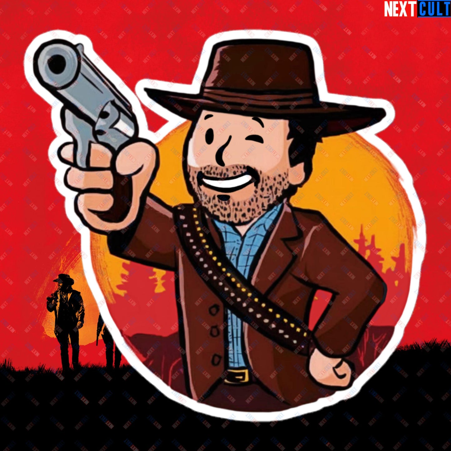 Cowboy Red Dead Redemption Vault Boy Fallout Funny Meme Cartoon Mashup Bubble-free stickers 5.5″×5.5″ Stickers Fallout Red Dead Redemption Vault Boy Video Games Next Cult Brand