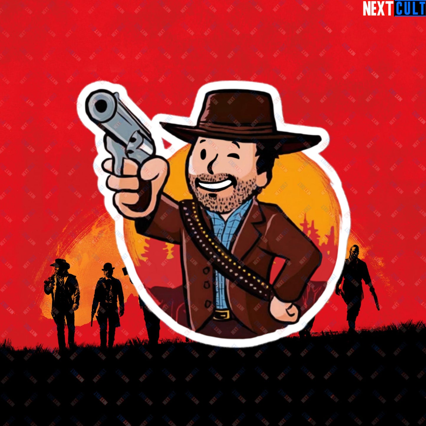 Cowboy Red Dead Redemption Vault Boy Fallout Funny Meme Cartoon Mashup Bubble-free stickers 4″×4″ Stickers Fallout Red Dead Redemption Vault Boy Video Games Next Cult Brand