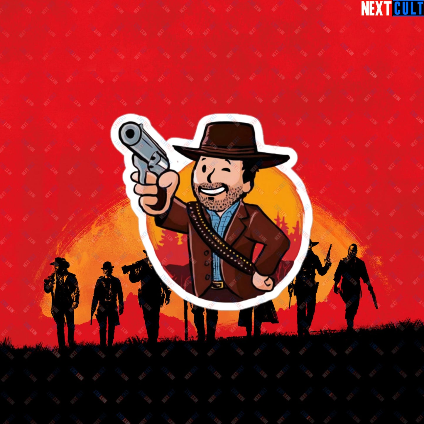 Cowboy Red Dead Redemption Vault Boy Fallout Funny Meme Cartoon Mashup Bubble-free stickers 3″×3″ Stickers Fallout Red Dead Redemption Vault Boy Video Games Next Cult Brand