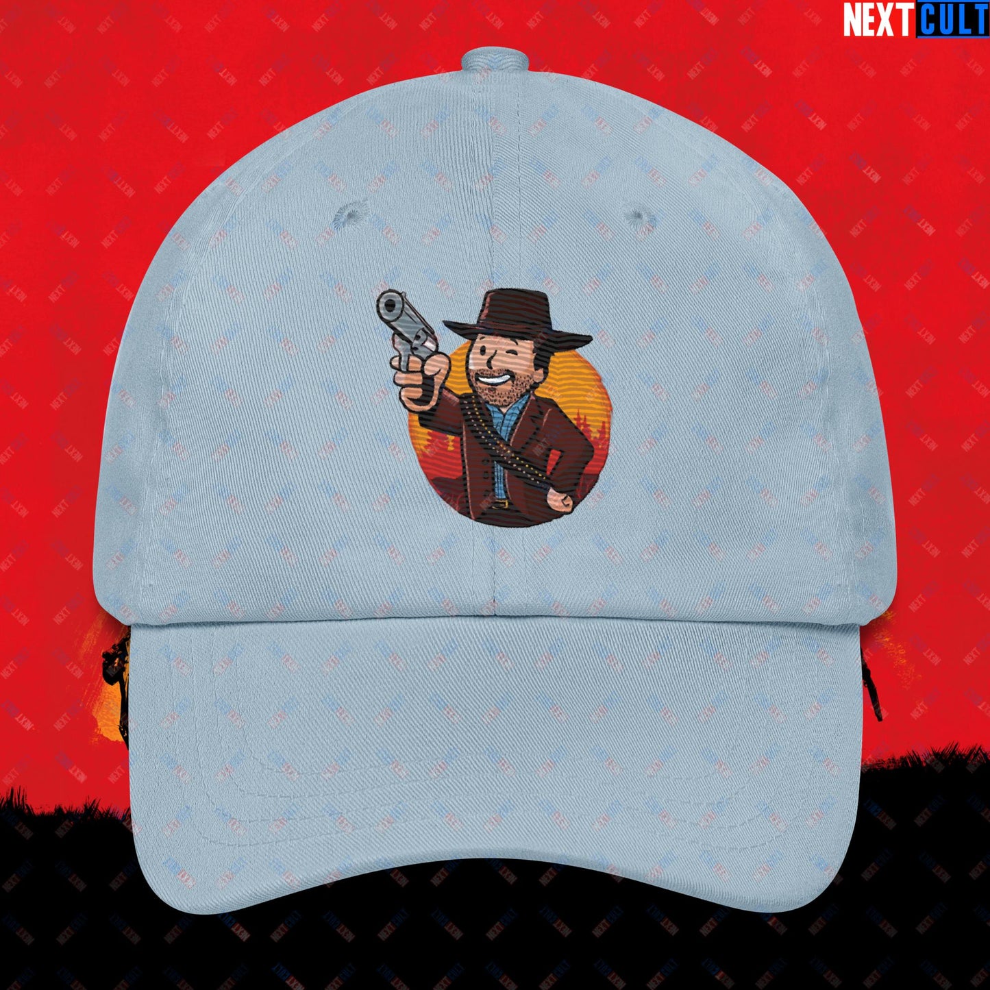 Cowboy Red Dead Redemption Vault Boy Fallout Funny Meme Cartoon Mashup Dad hat Light Blue Hats Fallout Red Dead Redemption Vault Boy Video Games Next Cult Brand