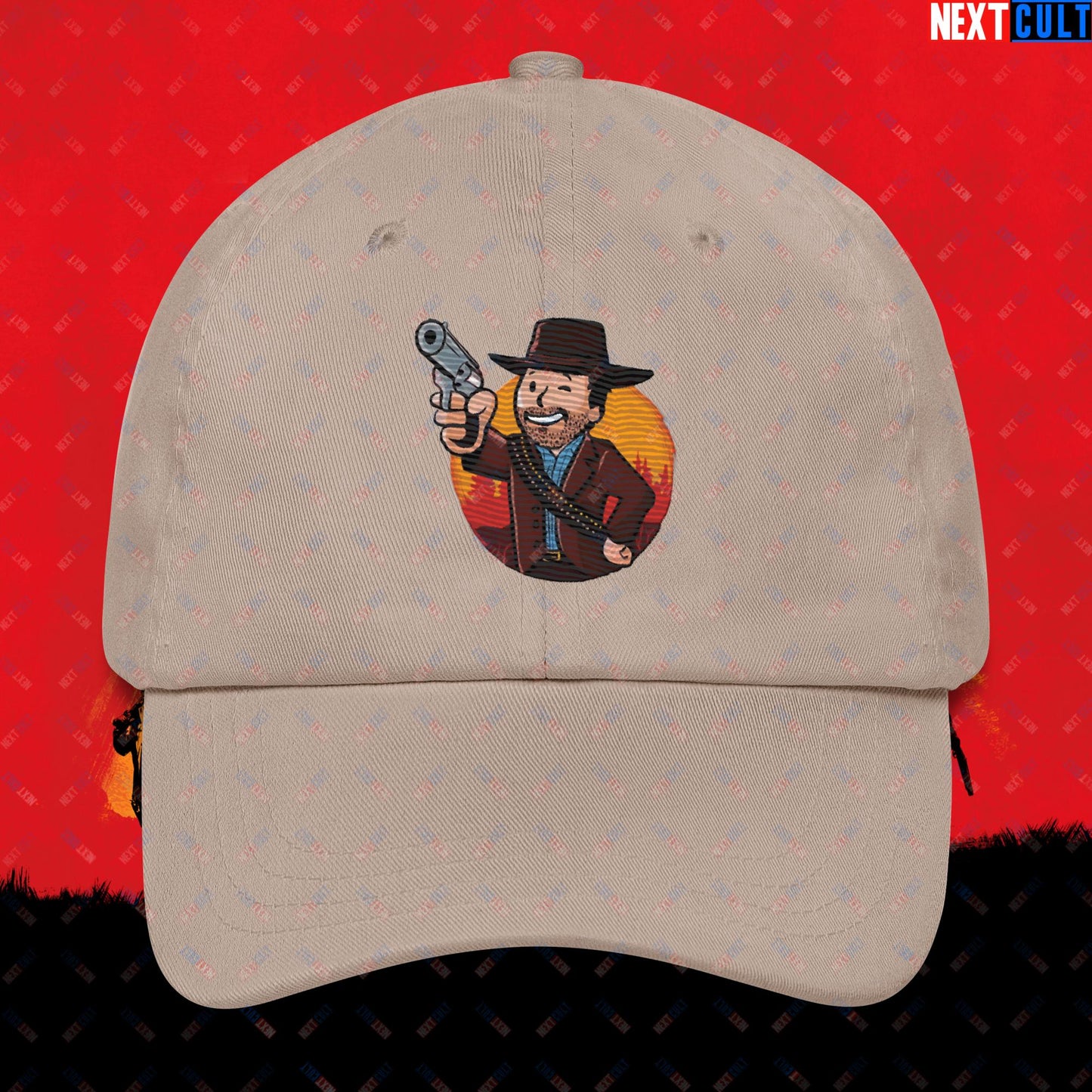 Cowboy Red Dead Redemption Vault Boy Fallout Funny Meme Cartoon Mashup Dad hat Stone Hats Fallout Red Dead Redemption Vault Boy Video Games Next Cult Brand