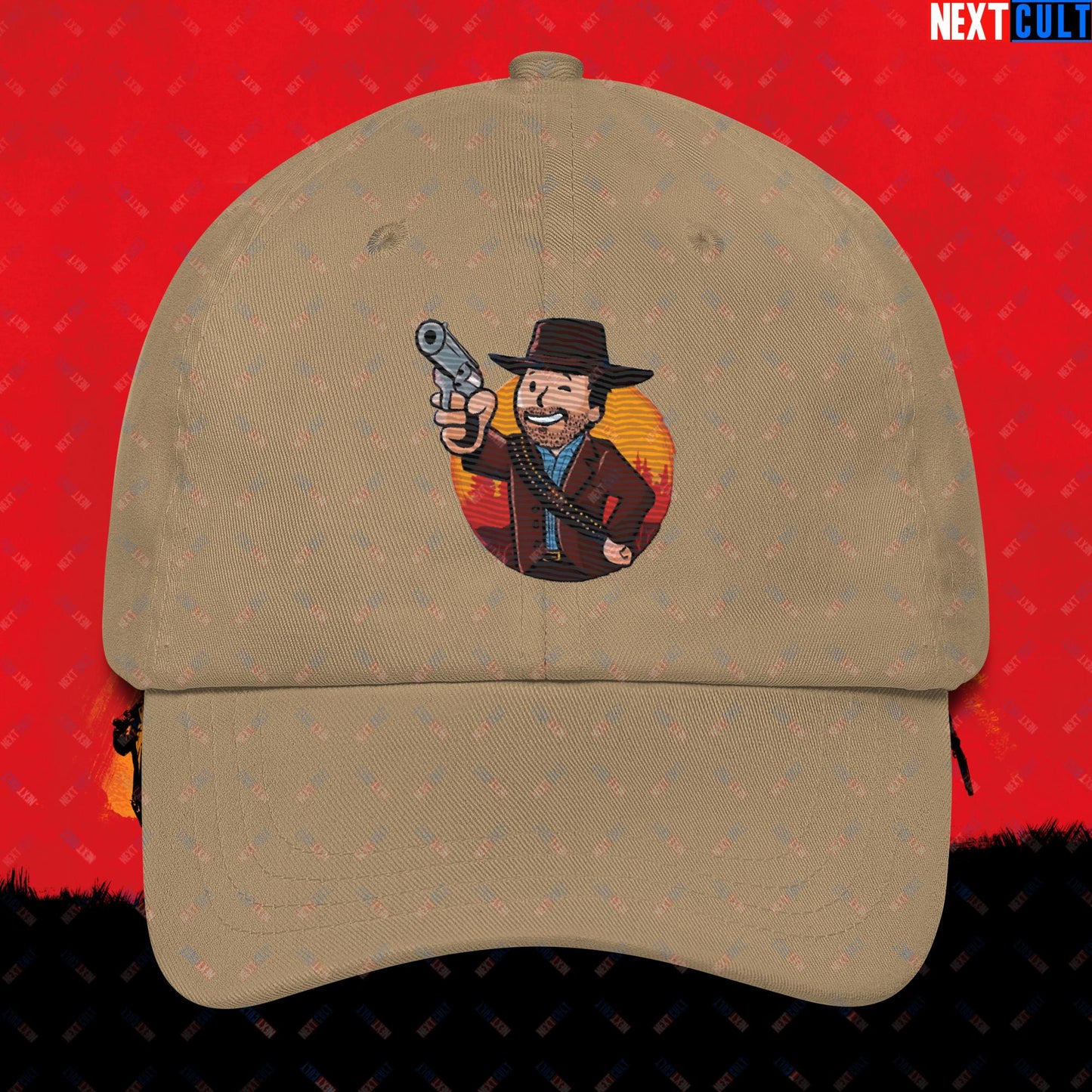 Cowboy Red Dead Redemption Vault Boy Fallout Funny Meme Cartoon Mashup Dad hat Khaki Hats Fallout Red Dead Redemption Vault Boy Video Games Next Cult Brand