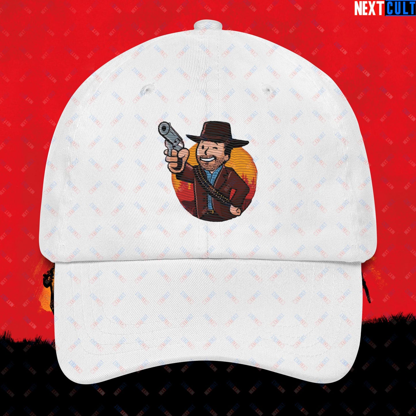 Cowboy Red Dead Redemption Vault Boy Fallout Funny Meme Cartoon Mashup Dad hat White Hats Fallout Red Dead Redemption Vault Boy Video Games Next Cult Brand