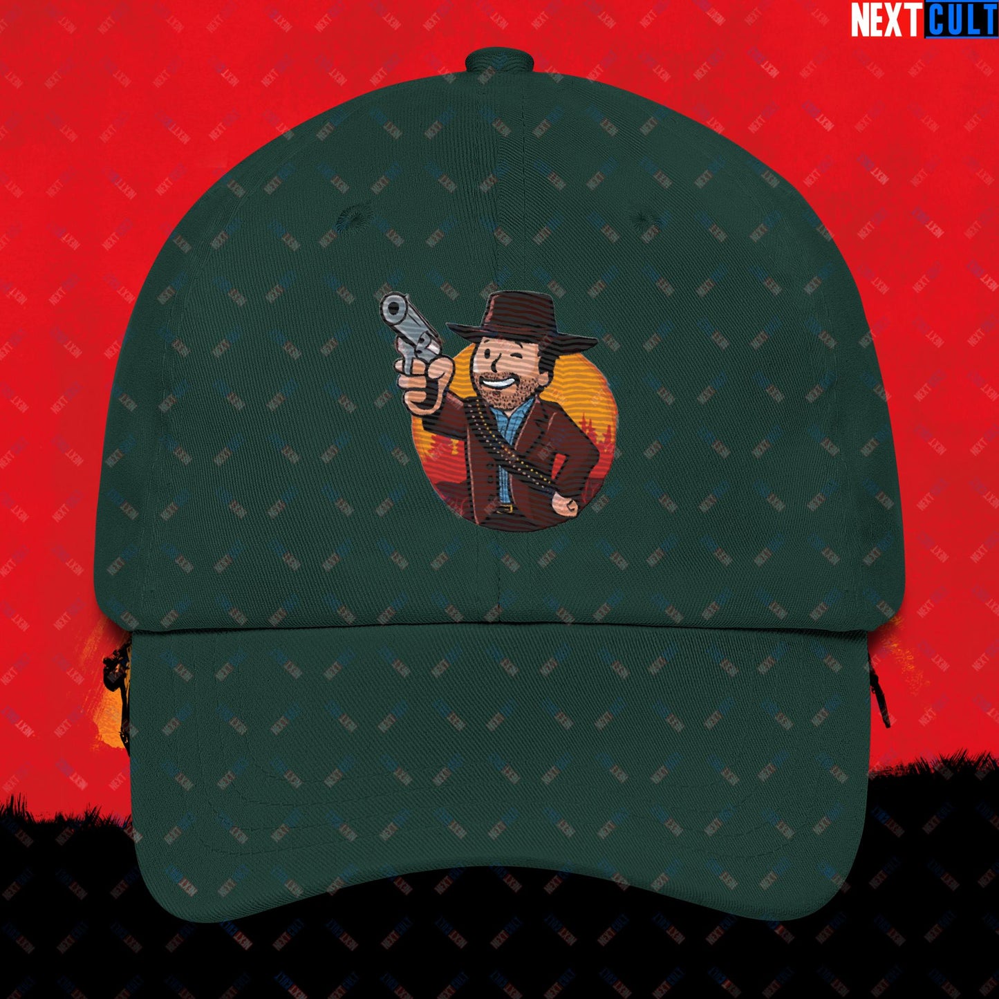 Cowboy Red Dead Redemption Vault Boy Fallout Funny Meme Cartoon Mashup Dad hat Spruce Hats Fallout Red Dead Redemption Vault Boy Video Games Next Cult Brand