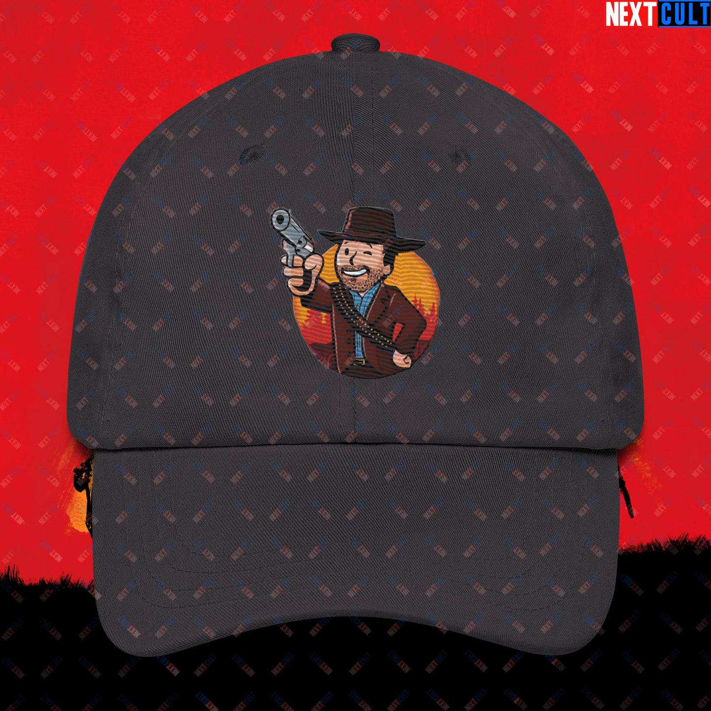 Cowboy Red Dead Redemption Vault Boy Fallout Funny Meme Cartoon Mashup Dad hat Dark Grey Hats Fallout Red Dead Redemption Vault Boy Video Games Next Cult Brand