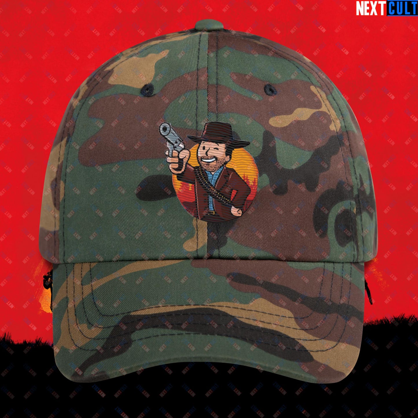 Cowboy Red Dead Redemption Vault Boy Fallout Funny Meme Cartoon Mashup Dad hat Green Camo Hats Fallout Red Dead Redemption Vault Boy Video Games Next Cult Brand
