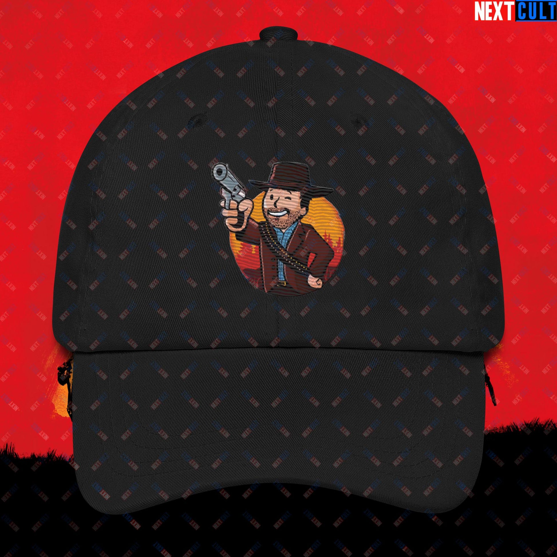 Cowboy Red Dead Redemption Vault Boy Fallout Funny Meme Cartoon Mashup Dad hat Black Hats Fallout Red Dead Redemption Vault Boy Video Games Next Cult Brand