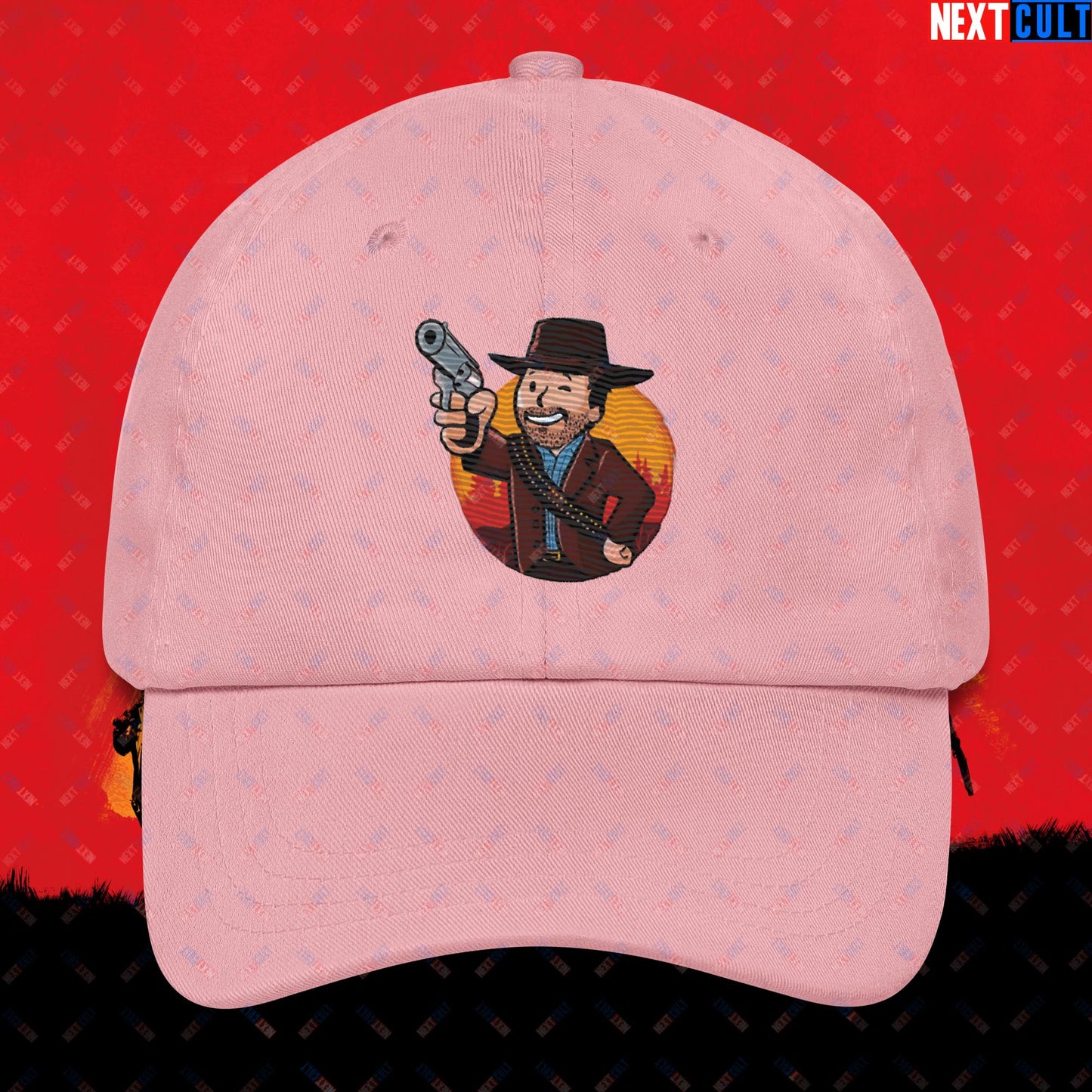 Cowboy Red Dead Redemption Vault Boy Fallout Funny Meme Cartoon Mashup Dad hat Pink Hats Fallout Red Dead Redemption Vault Boy Video Games Next Cult Brand