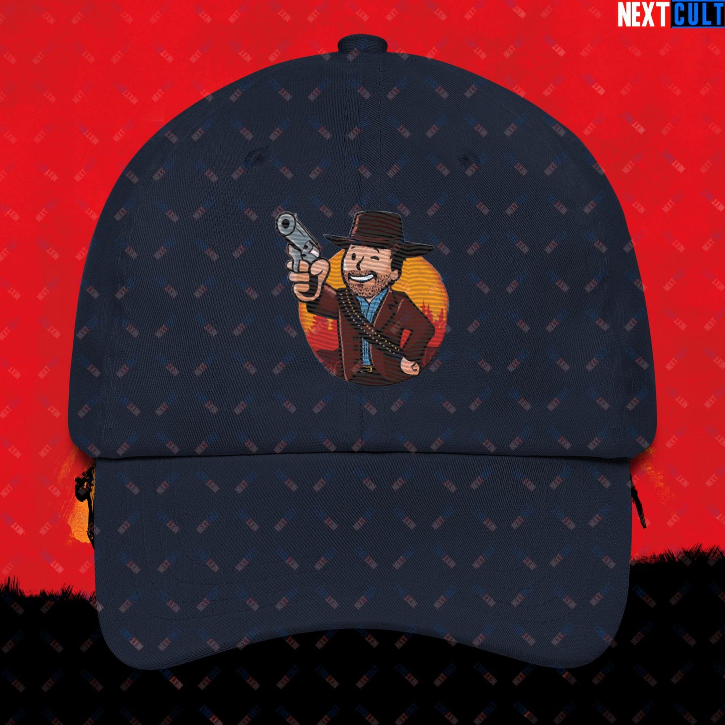 Cowboy Red Dead Redemption Vault Boy Fallout Funny Meme Cartoon Mashup Dad hat Navy Hats Fallout Red Dead Redemption Vault Boy Video Games Next Cult Brand