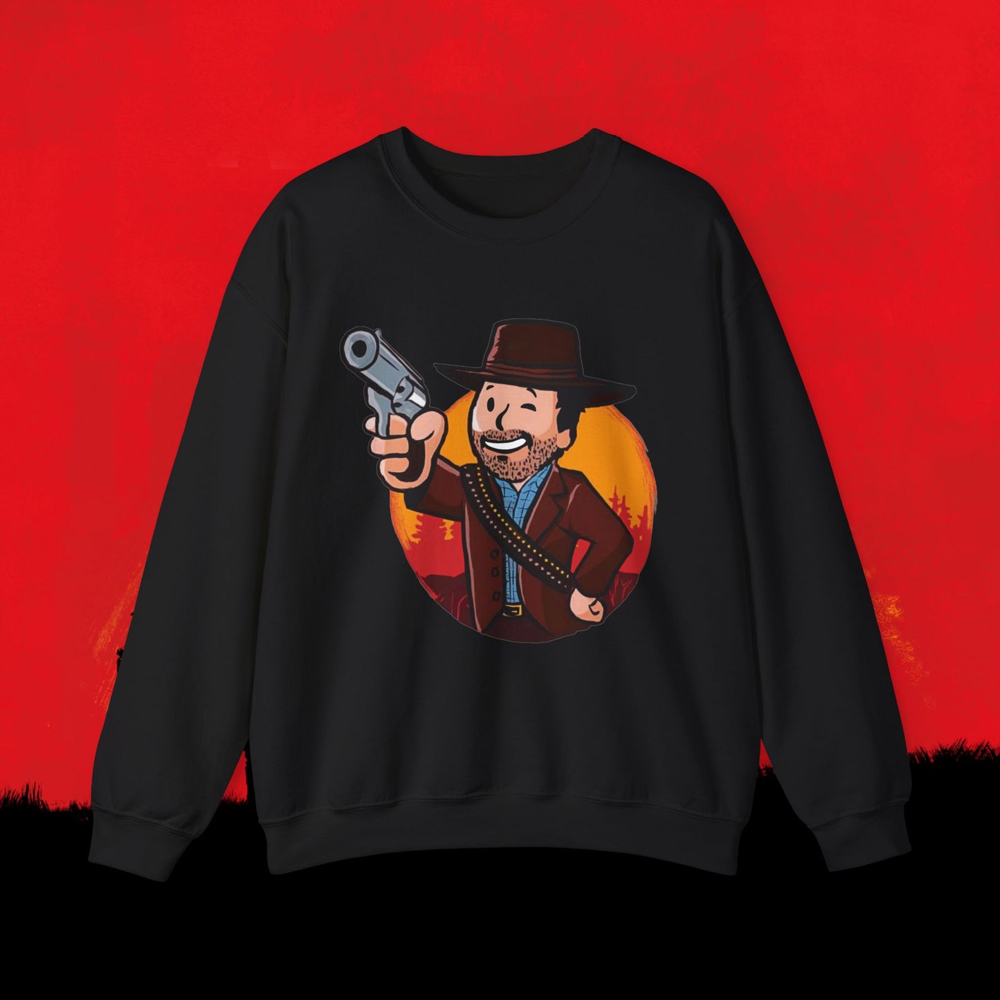 Cowboy Red Dead Redemption Vault Boy Fallout Funny Meme Cartoon Mashup Unisex Heavy Blend Crewneck Sweatshirt Black Sweatshirts Fallout Red Dead Redemption Vault Boy Video Games Printify