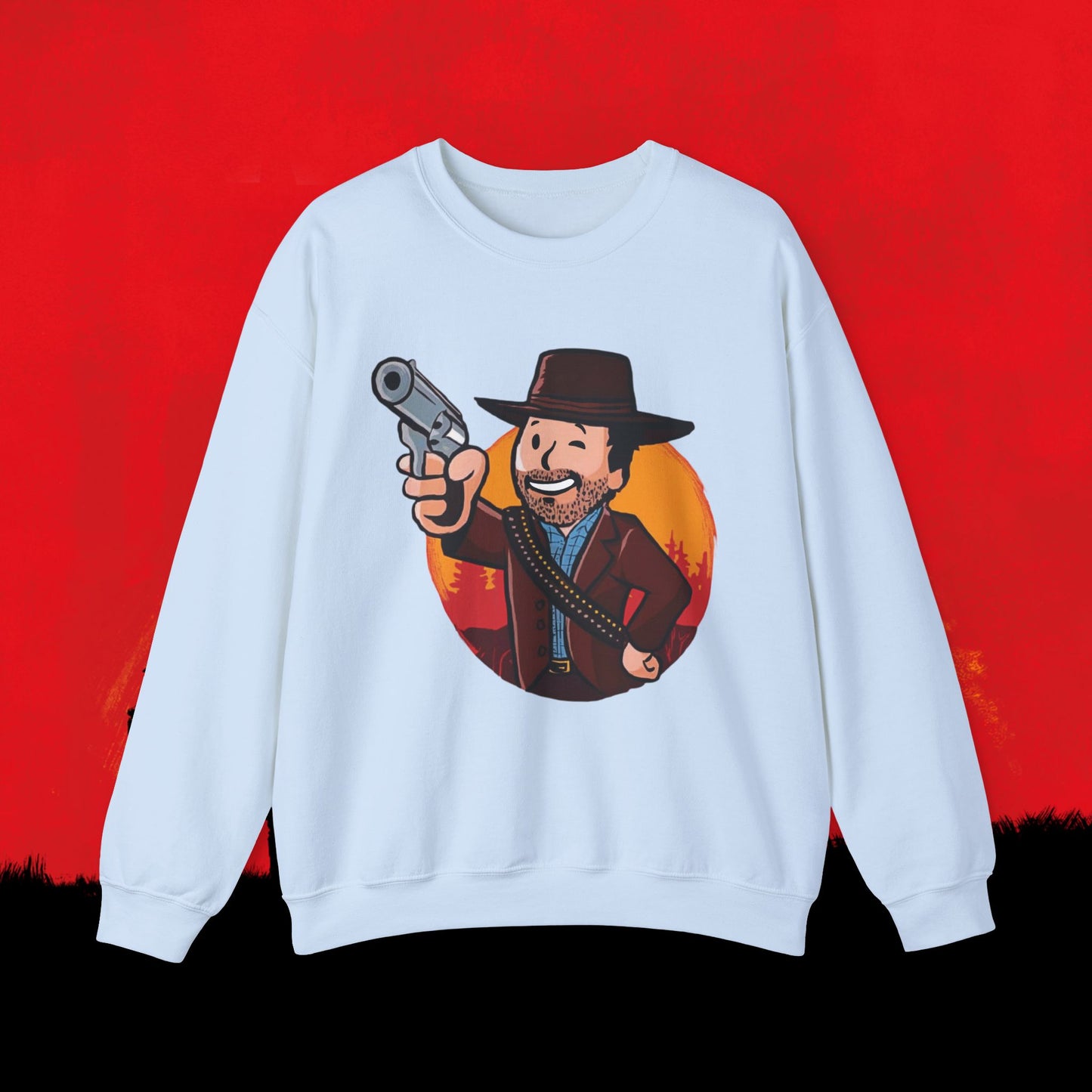 Cowboy Red Dead Redemption Vault Boy Fallout Funny Meme Cartoon Mashup Unisex Heavy Blend Crewneck Sweatshirt Light Blue Sweatshirts Fallout Red Dead Redemption Vault Boy Video Games Printify