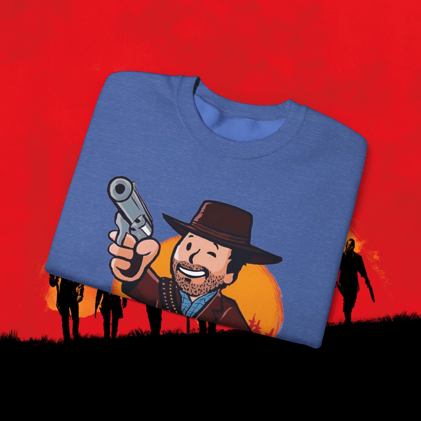 Cowboy Red Dead Redemption Vault Boy Fallout Funny Meme Cartoon Mashup Unisex Heavy Blend Crewneck Sweatshirt Sweatshirts Fallout Red Dead Redemption Vault Boy Video Games Printify