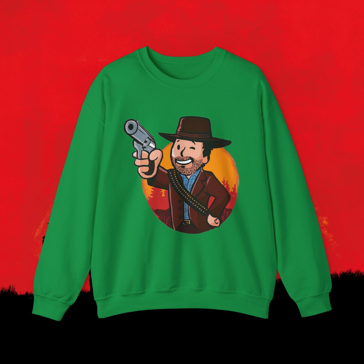 Cowboy Red Dead Redemption Vault Boy Fallout Funny Meme Cartoon Mashup Unisex Heavy Blend Crewneck Sweatshirt Irish Green Sweatshirts Fallout Red Dead Redemption Vault Boy Video Games Printify