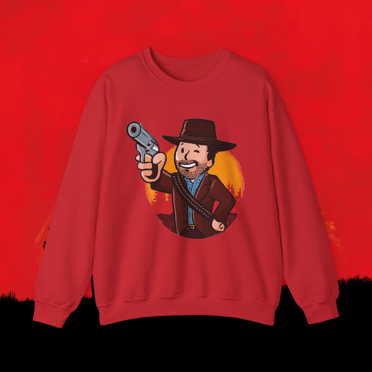 Cowboy Red Dead Redemption Vault Boy Fallout Funny Meme Cartoon Mashup Unisex Heavy Blend Crewneck Sweatshirt Red Sweatshirts Fallout Red Dead Redemption Vault Boy Video Games Printify
