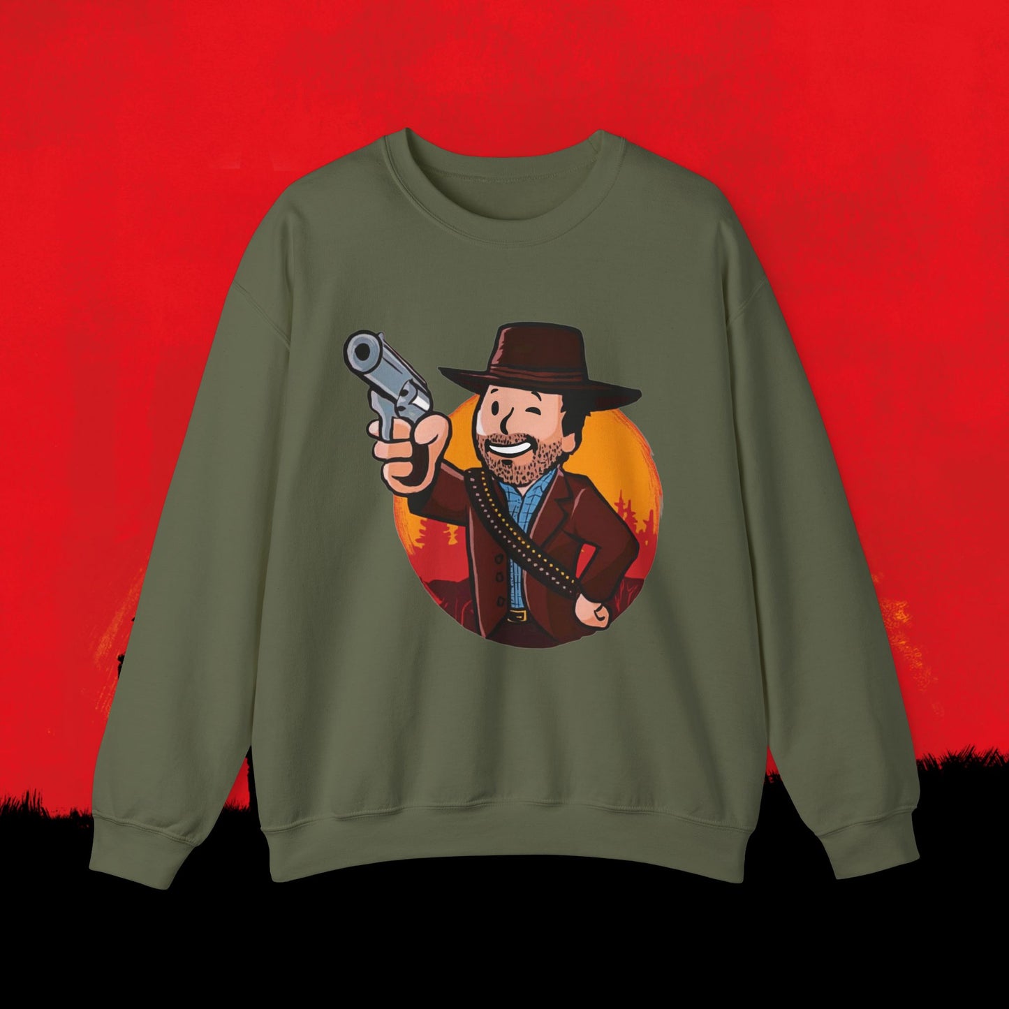 Cowboy Red Dead Redemption Vault Boy Fallout Funny Meme Cartoon Mashup Unisex Heavy Blend Crewneck Sweatshirt Military Green Sweatshirts Fallout Red Dead Redemption Vault Boy Video Games Printify