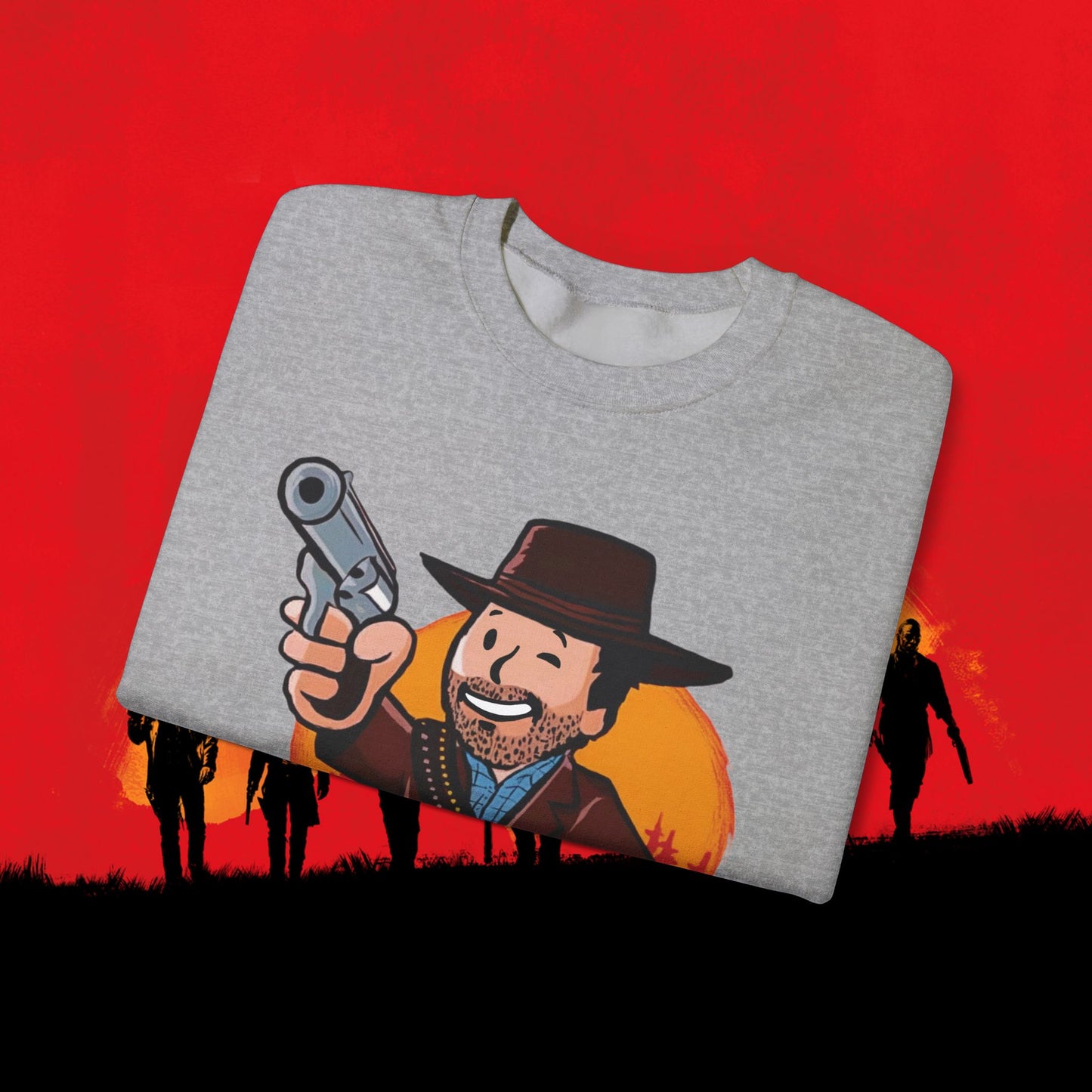 Cowboy Red Dead Redemption Vault Boy Fallout Funny Meme Cartoon Mashup Unisex Heavy Blend Crewneck Sweatshirt Sweatshirts Fallout Red Dead Redemption Vault Boy Video Games Printify